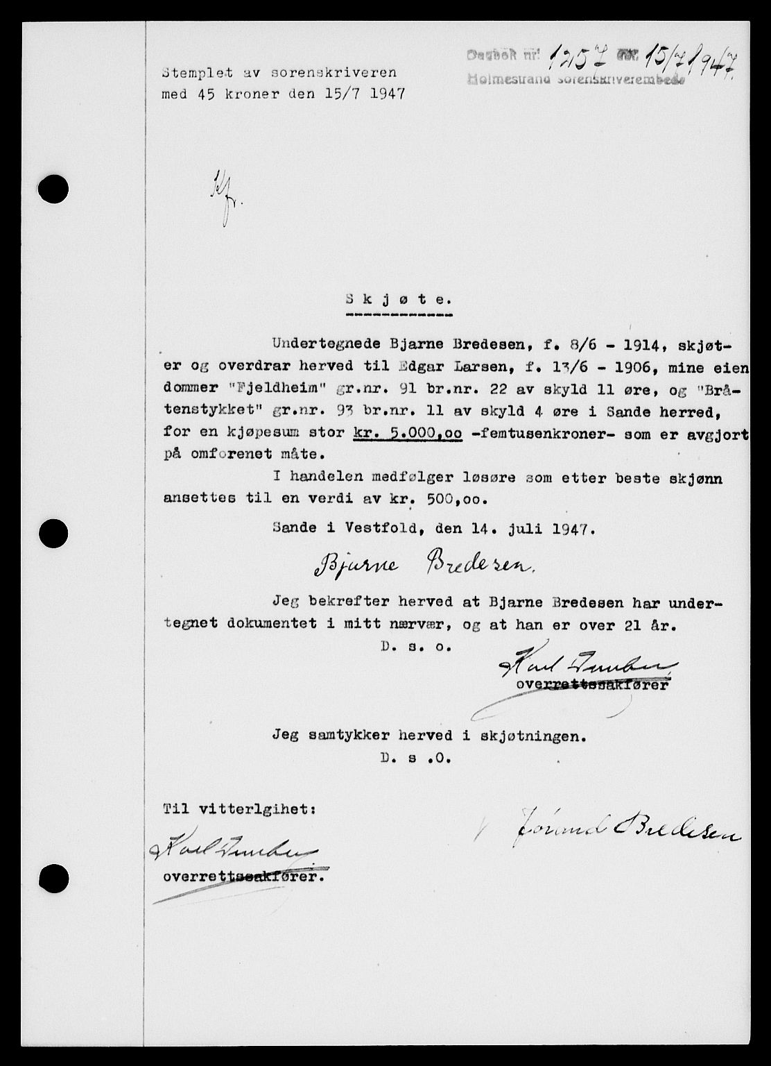 Holmestrand sorenskriveri, SAKO/A-67/G/Ga/Gaa/L0062: Pantebok nr. A-62, 1947-1947, Dagboknr: 1257/1947