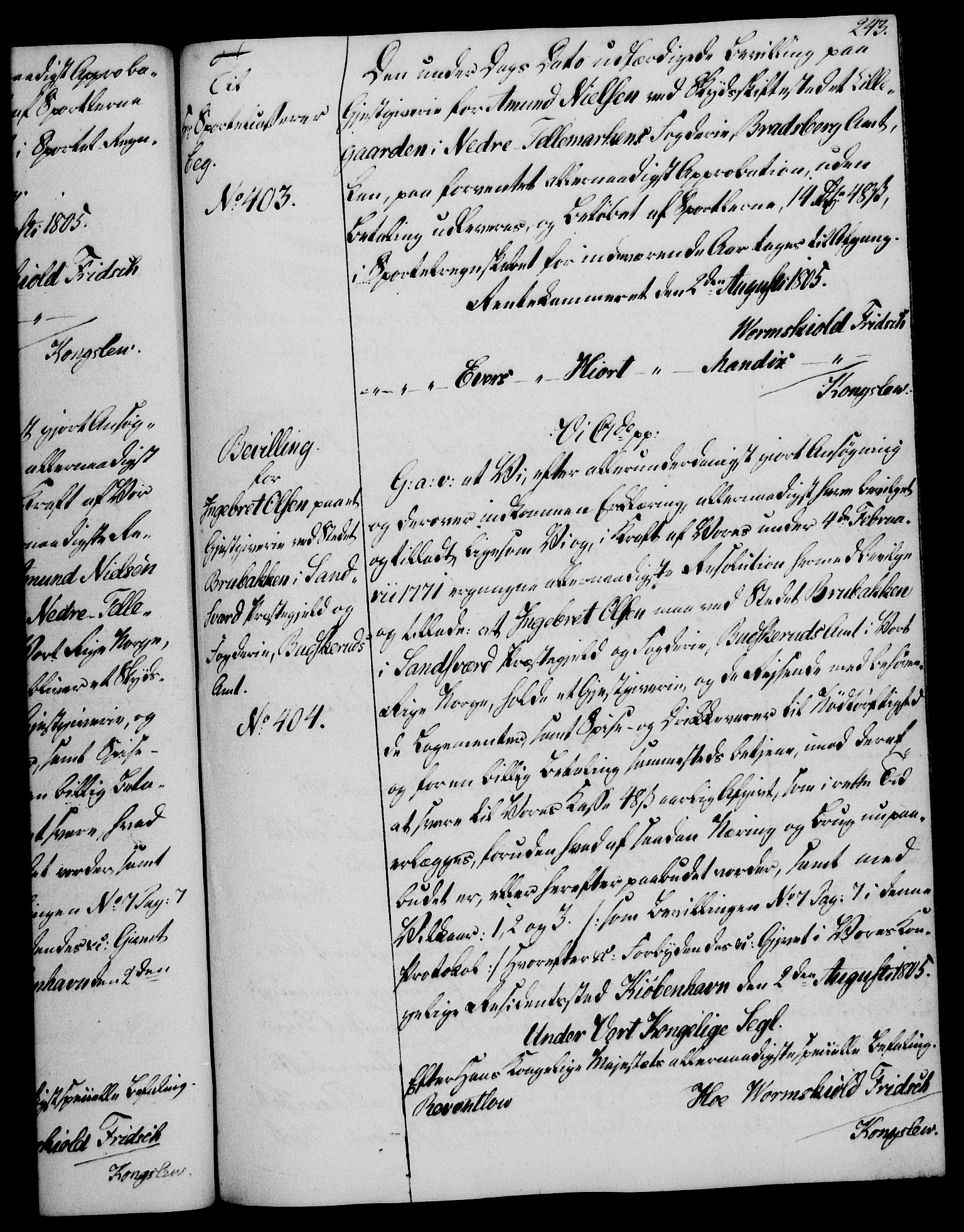 Rentekammeret, Kammerkanselliet, AV/RA-EA-3111/G/Gg/Gga/L0018: Norsk ekspedisjonsprotokoll med register (merket RK 53.18), 1804-1806, s. 243