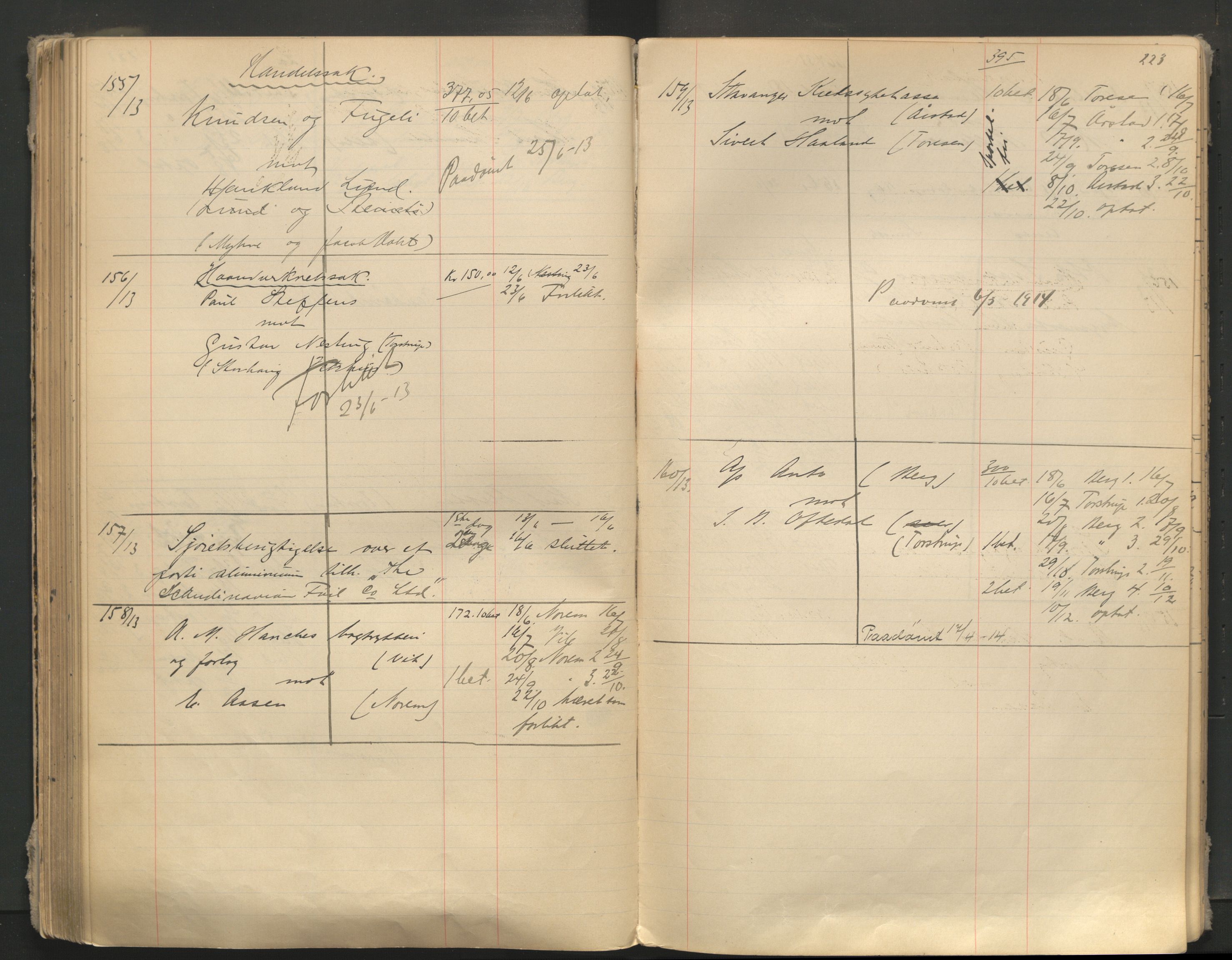 Stavanger byfogd, AV/SAST-A-101408/001/3/32/32A/L0005: Saksliste for Stavanger byting, 1910-1914, s. 222-223