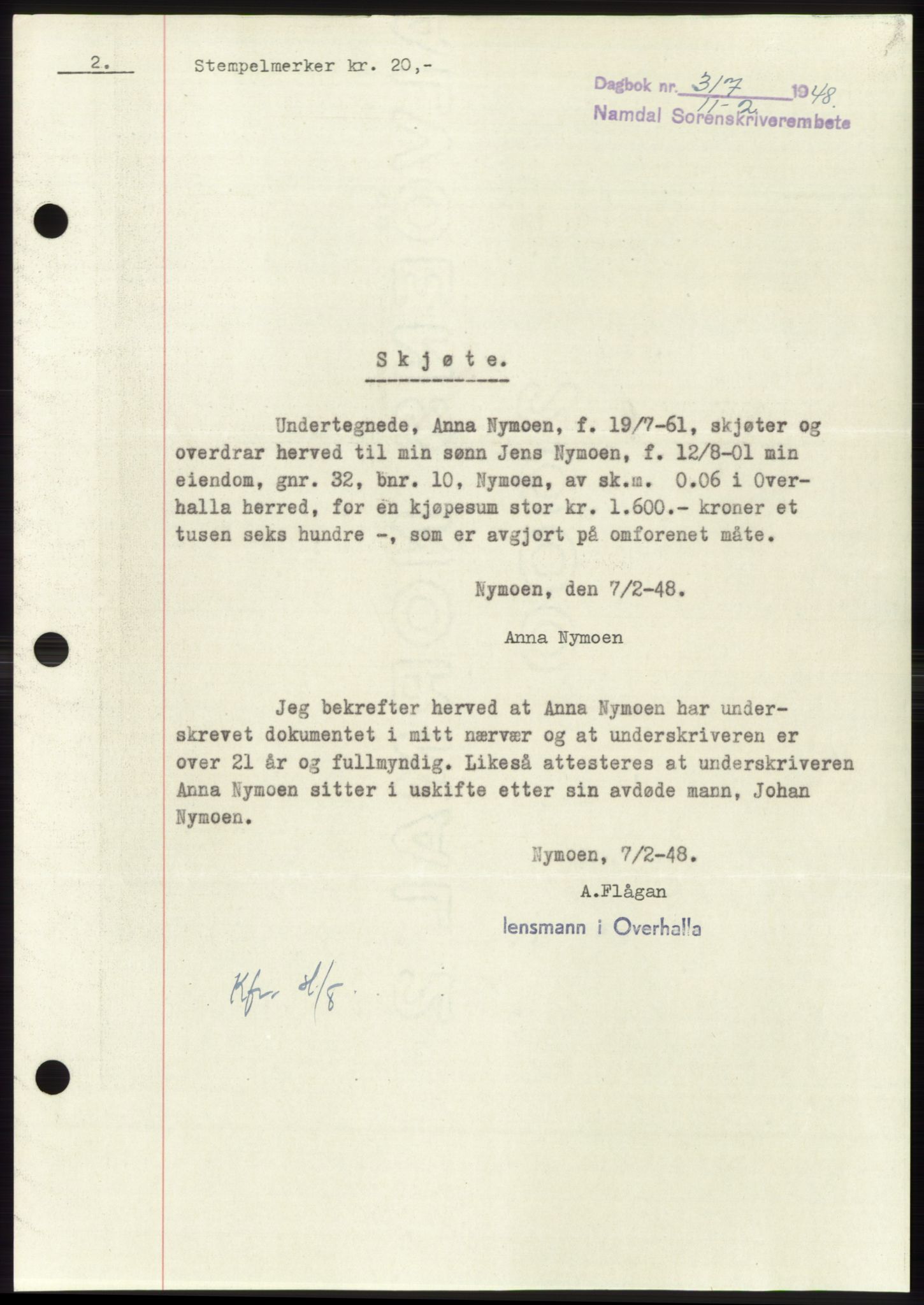 Namdal sorenskriveri, SAT/A-4133/1/2/2C: Pantebok nr. -, 1947-1948, Dagboknr: 317/1948