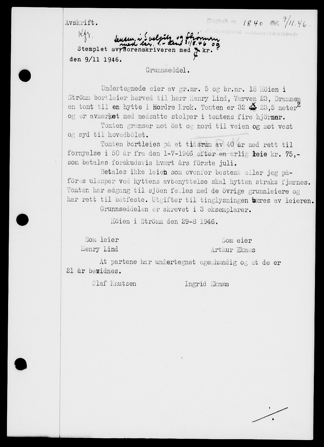 Holmestrand sorenskriveri, SAKO/A-67/G/Ga/Gaa/L0061: Pantebok nr. A-61, 1946-1947, Dagboknr: 1840/1946
