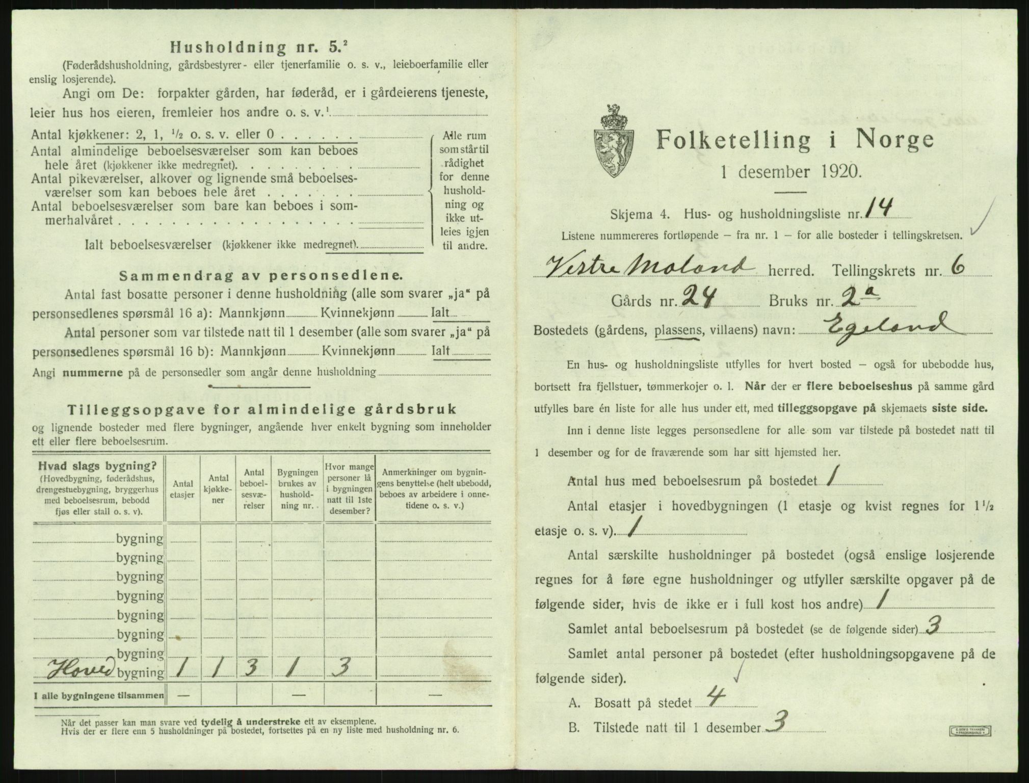 SAK, Folketelling 1920 for 0926 Vestre Moland herred, 1920, s. 845