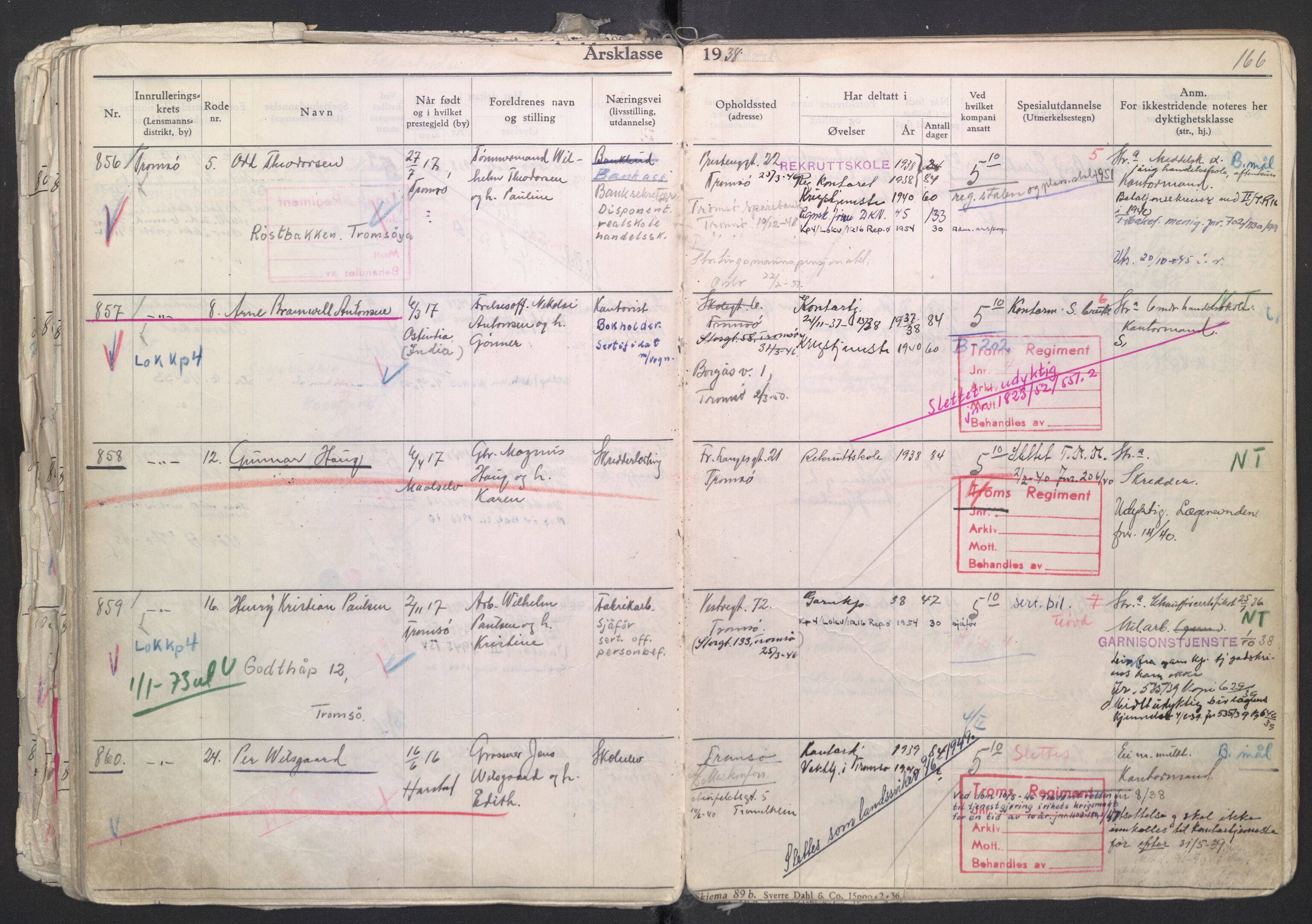 Forsvaret, Troms infanteriregiment nr. 16, AV/RA-RAFA-3146/P/Pa/L0007/0003: Ruller / Rulle for regimentets menige mannskaper, årsklasse 1938, 1938, s. 166