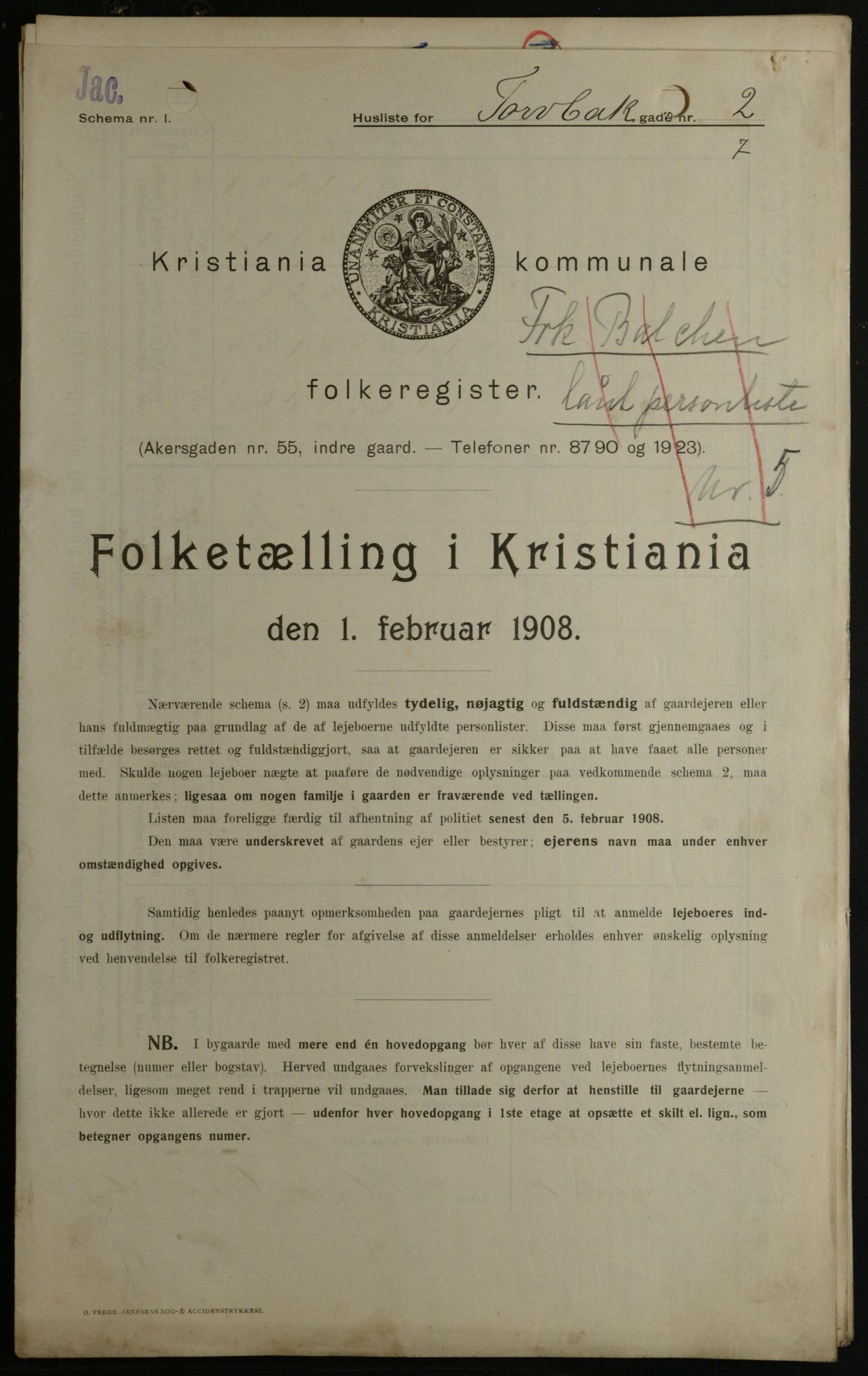 OBA, Kommunal folketelling 1.2.1908 for Kristiania kjøpstad, 1908, s. 103515