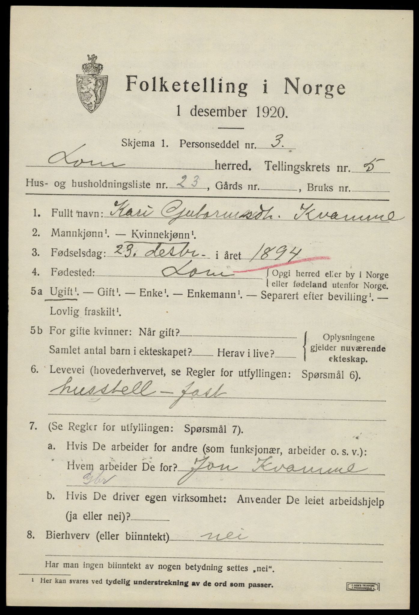 SAH, Folketelling 1920 for 0514 Lom herred, 1920, s. 3396