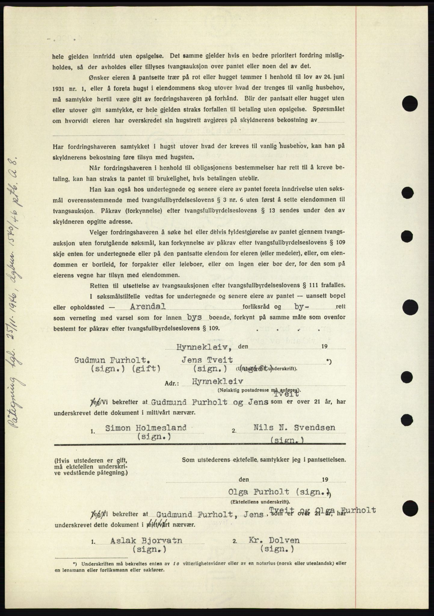 Nedenes sorenskriveri, AV/SAK-1221-0006/G/Gb/Gbb/L0003: Pantebok nr. B3b, 1946-1946, Dagboknr: 1196/1946