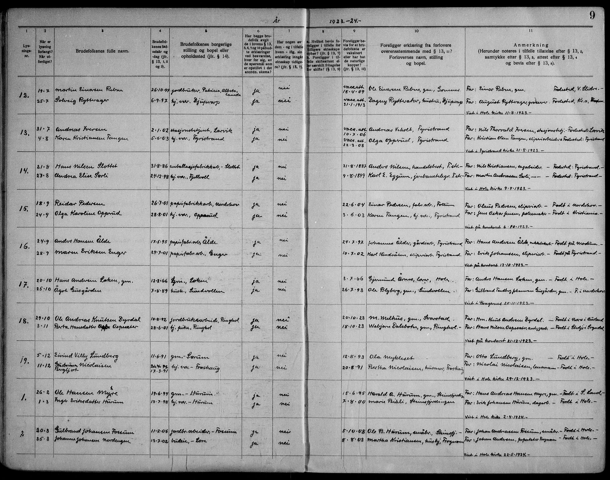Hole kirkebøker, SAKO/A-228/H/Ha/L0004: Lysningsprotokoll nr. 4, 1919-1960, s. 9