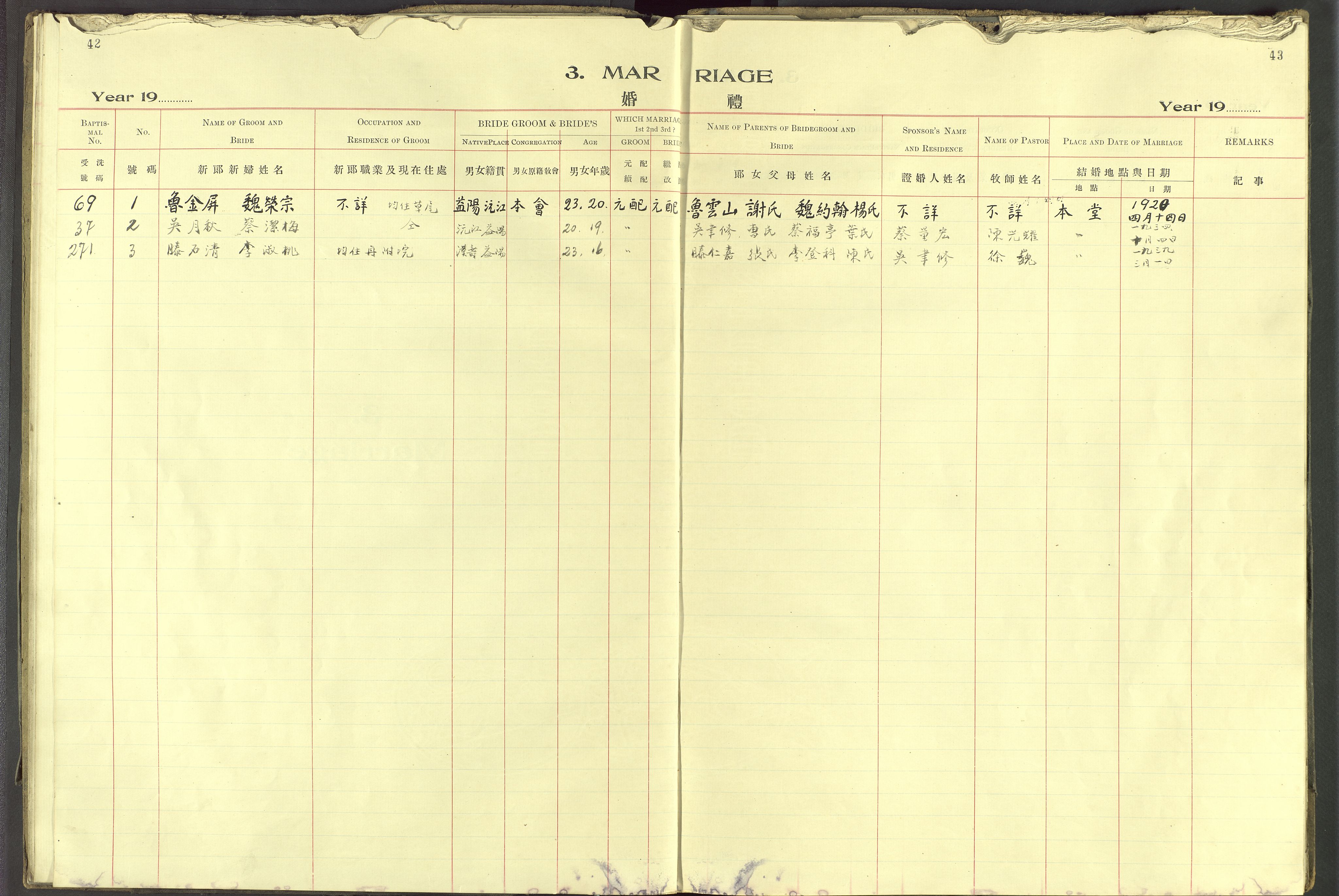 Det Norske Misjonsselskap - utland - Kina (Hunan), VID/MA-A-1065/Dm/L0095: Ministerialbok nr. 133, 1910-1948, s. 42-43