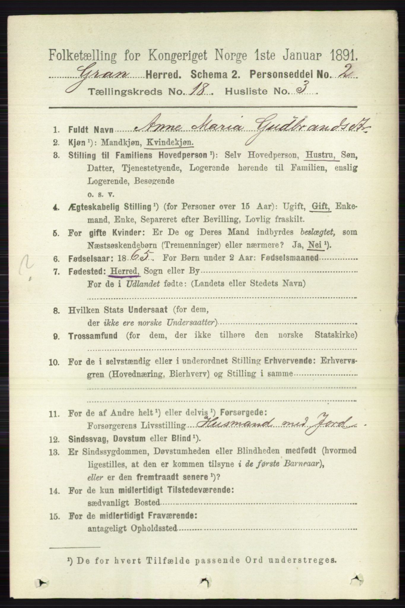 RA, Folketelling 1891 for 0534 Gran herred, 1891, s. 9546