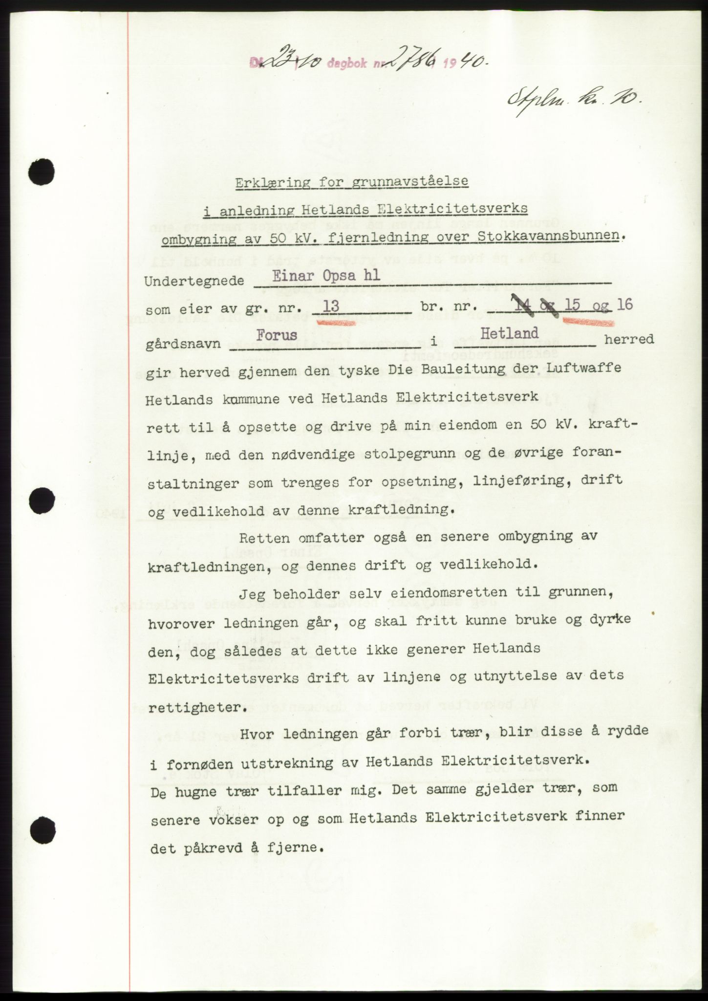 Jæren sorenskriveri, SAST/A-100310/03/G/Gba/L0078: Pantebok, 1940-1940, Dagboknr: 2786/1940