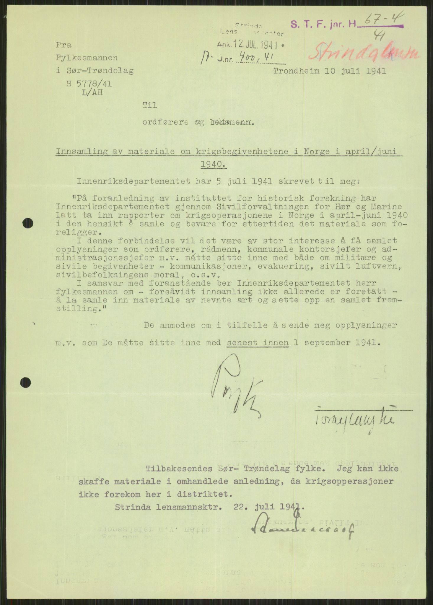 Forsvaret, Forsvarets krigshistoriske avdeling, AV/RA-RAFA-2017/Y/Ya/L0016: II-C-11-31 - Fylkesmenn.  Rapporter om krigsbegivenhetene 1940., 1940, s. 189