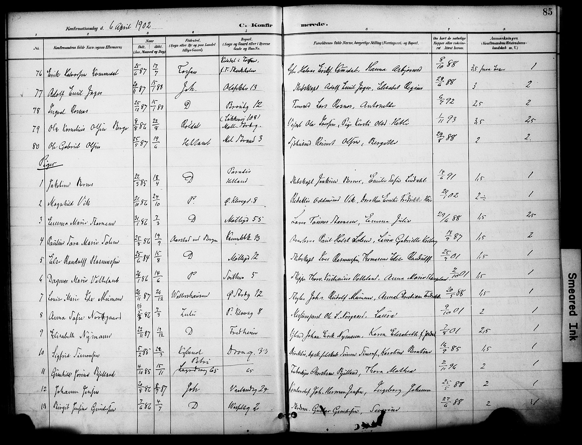 Domkirken sokneprestkontor, AV/SAST-A-101812/001/30/30BA/L0031: Ministerialbok nr. A 30, 1896-1916, s. 85