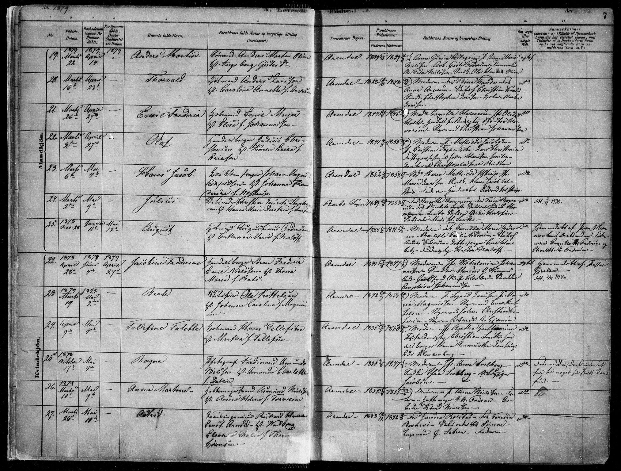 Arendal sokneprestkontor, Trefoldighet, AV/SAK-1111-0040/F/Fa/L0008: Ministerialbok nr. A 8, 1878-1899, s. 7