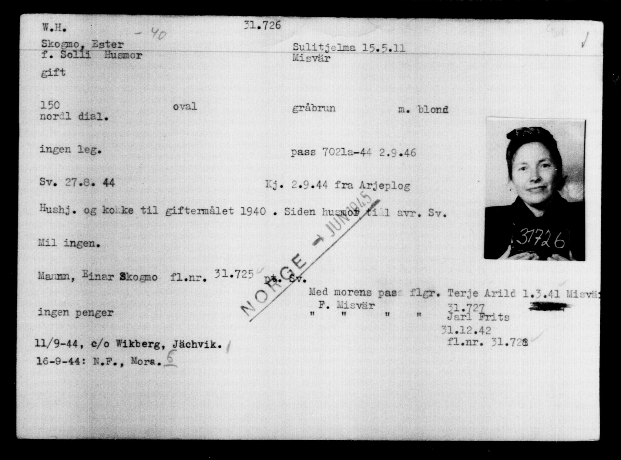 Utenriksstasjonene, Legasjonen i Stockholm, Flyktningkontoret, AV/RA-S-6753/V/Va/L0013: Kjesäterkartoteket, flyktninger med registreringsnr. 31500-34731, 1940-1945, s. 244
