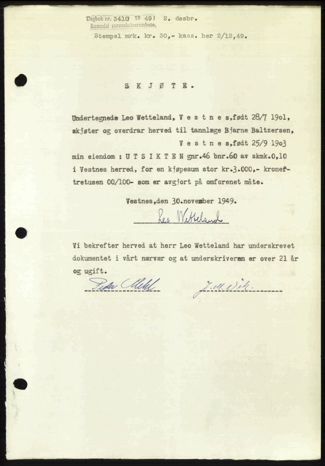 Romsdal sorenskriveri, SAT/A-4149/1/2/2C: Pantebok nr. A31, 1949-1949, Dagboknr: 3410/1949