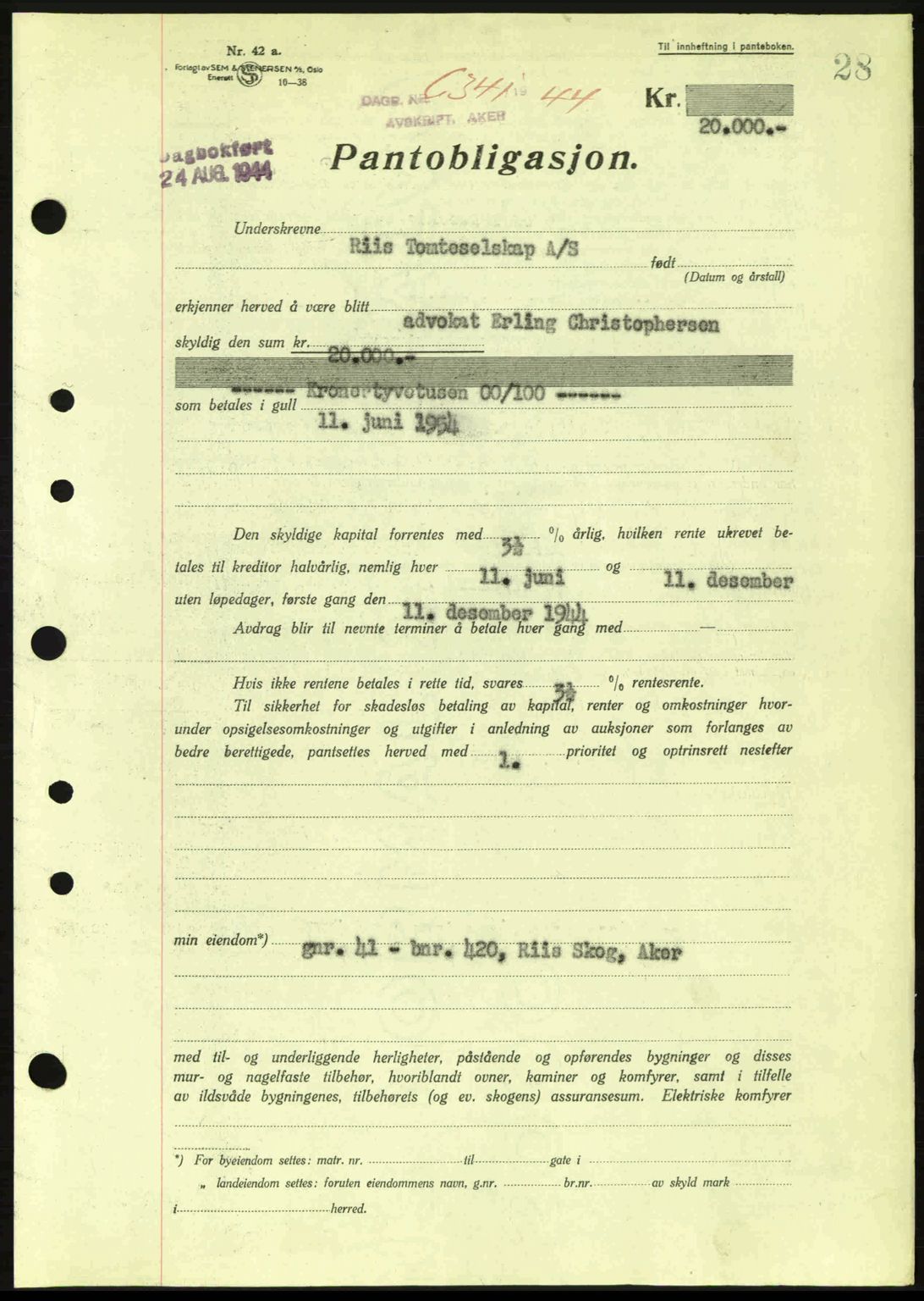 Aker herredsskriveri, SAO/A-10896/G/Gb/Gba/Gbac/L0035: Pantebok nr. B200-201, 1944-1944, Dagboknr: 6341/1944