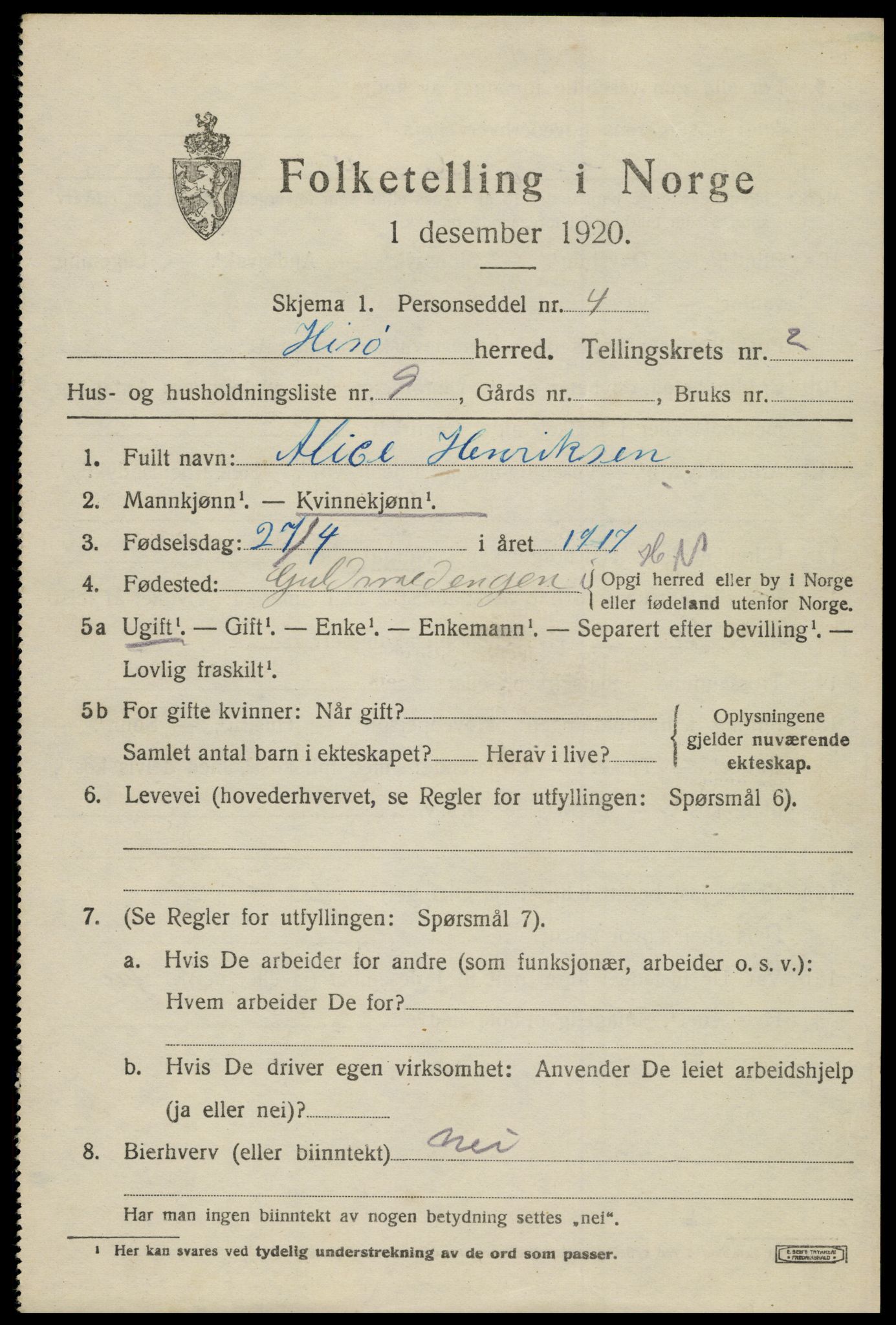SAK, Folketelling 1920 for 0922 Hisøy herred, 1920, s. 2496