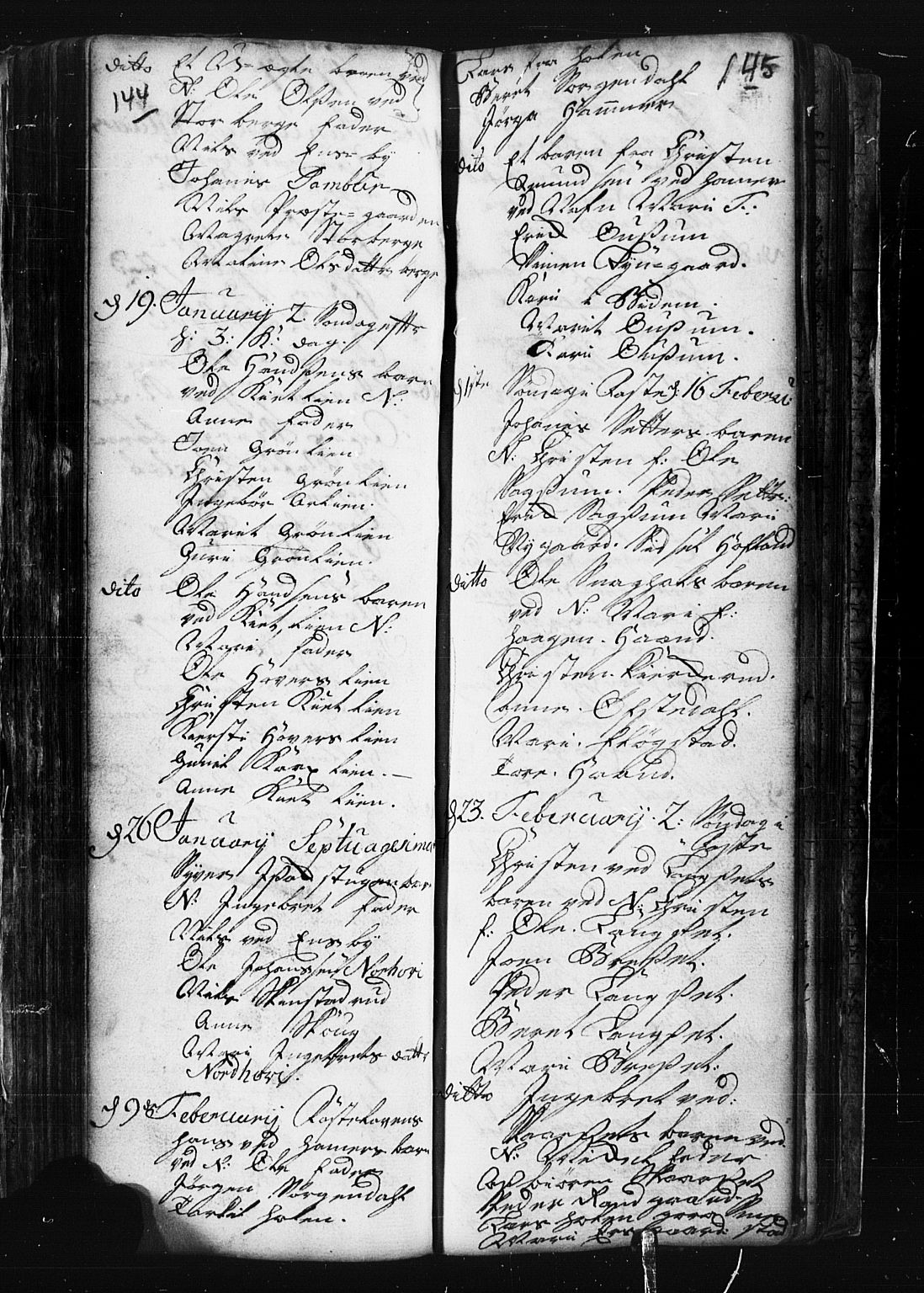 Fåberg prestekontor, AV/SAH-PREST-086/H/Ha/Hab/L0001: Klokkerbok nr. 1, 1727-1767, s. 144-145