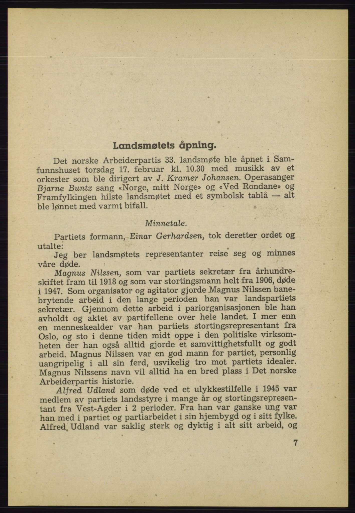 Det norske Arbeiderparti - publikasjoner, AAB/-/-/-: Protokoll over forhandlingene på det 33. ordinære landsmøte 17.-20. februar 1949 i Oslo, 1949, s. 7