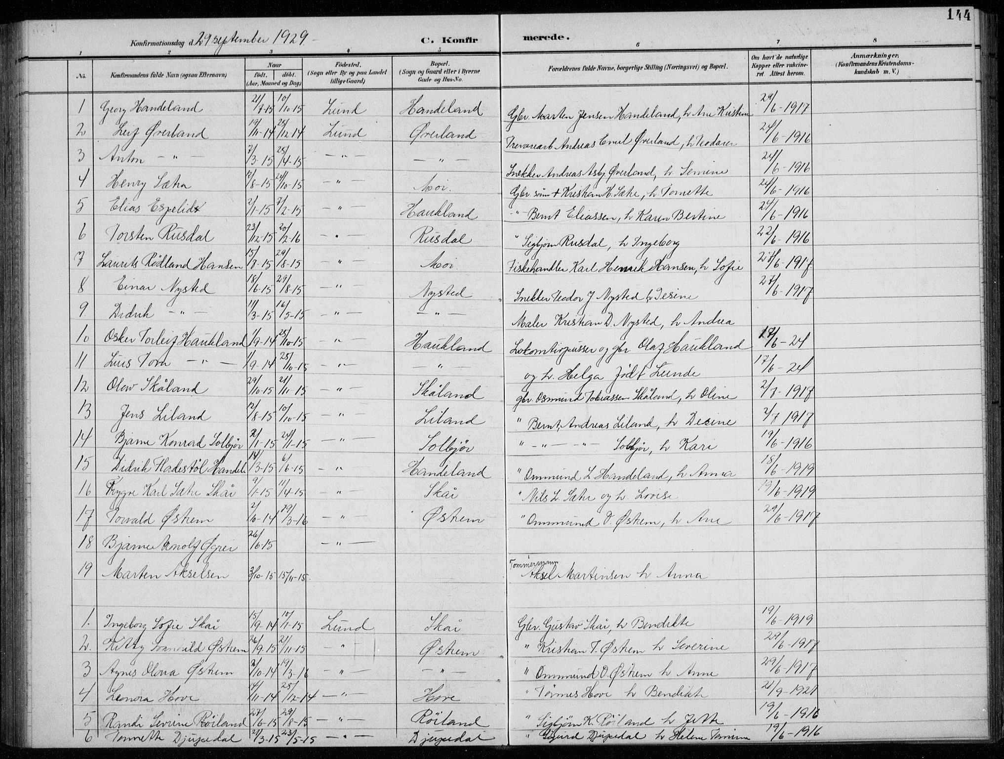 Lund sokneprestkontor, AV/SAST-A-101809/S07/L0008: Klokkerbok nr. B 8, 1902-1936, s. 144