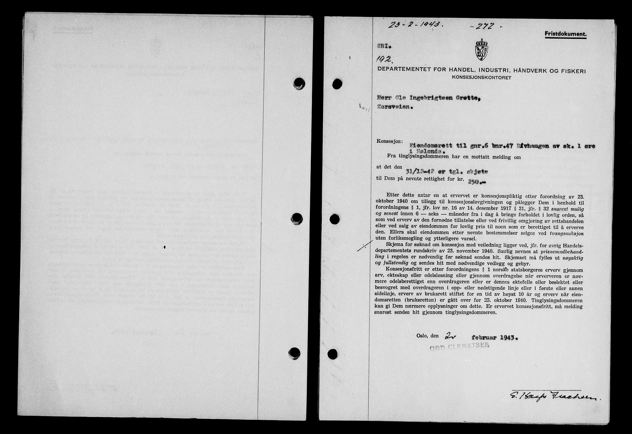 Gauldal sorenskriveri, SAT/A-0014/1/2/2C/L0056: Pantebok nr. 61, 1942-1943, Dagboknr: 192/1943