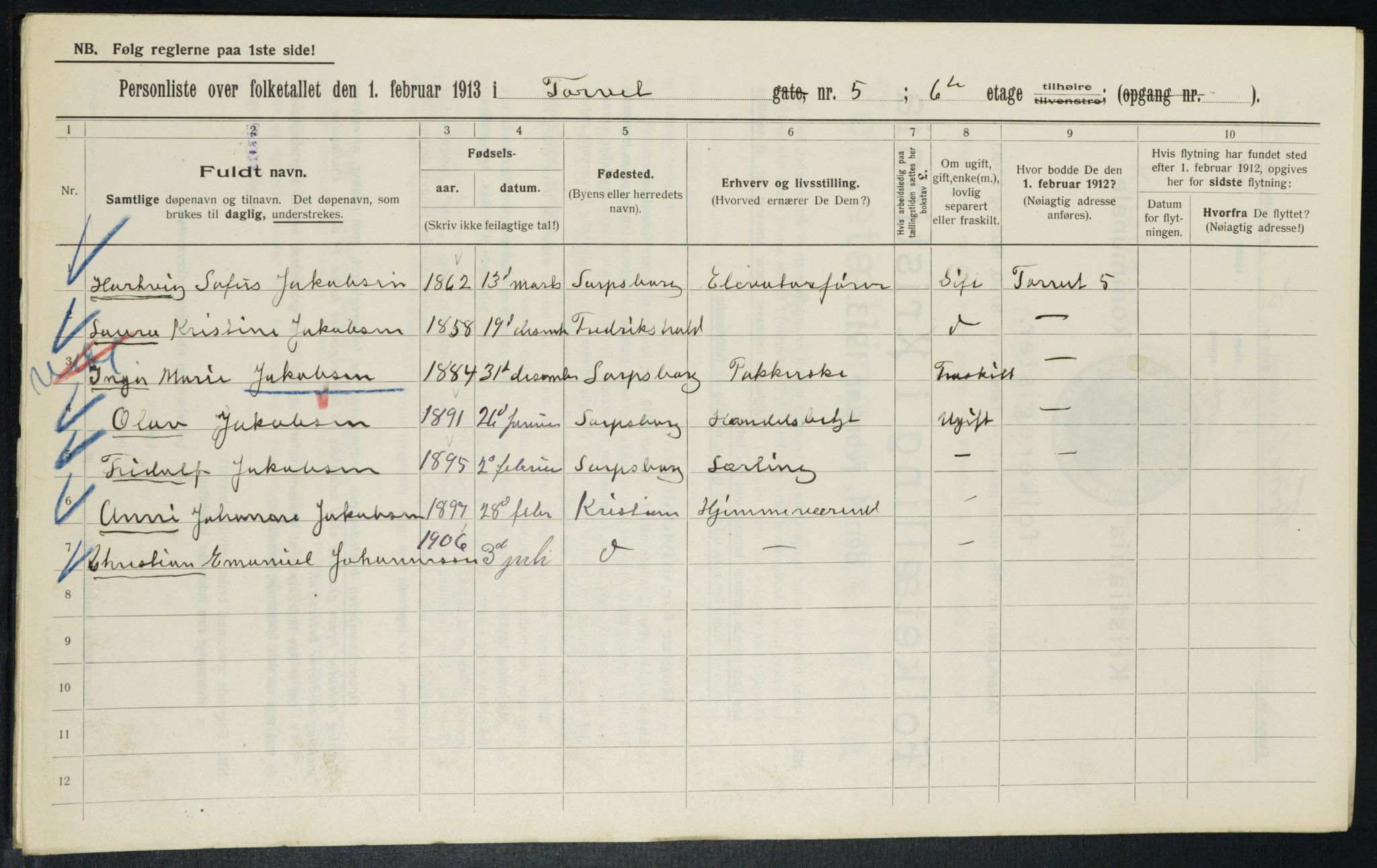 OBA, Kommunal folketelling 1.2.1913 for Kristiania, 1913, s. 103692