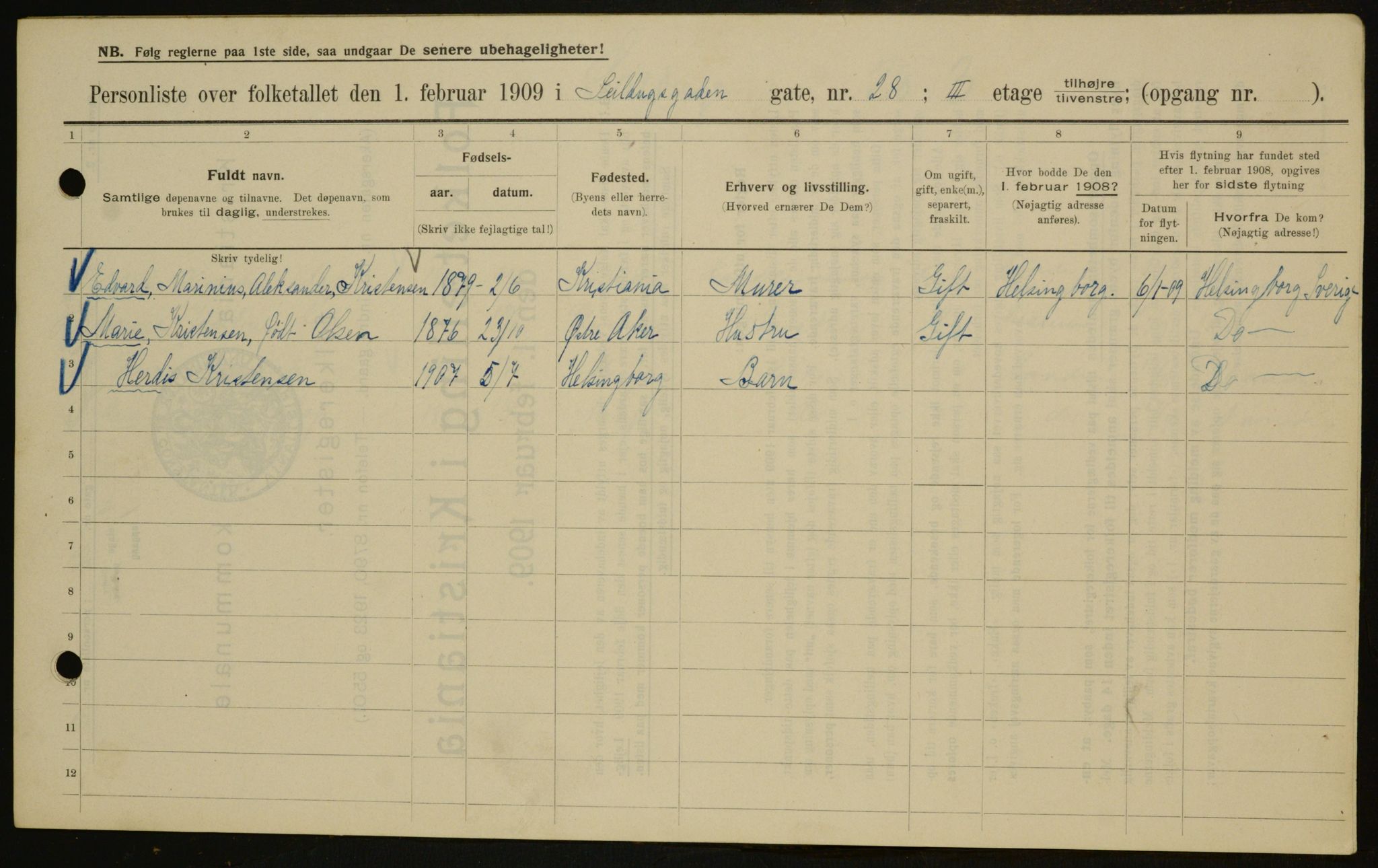 OBA, Kommunal folketelling 1.2.1909 for Kristiania kjøpstad, 1909, s. 85851