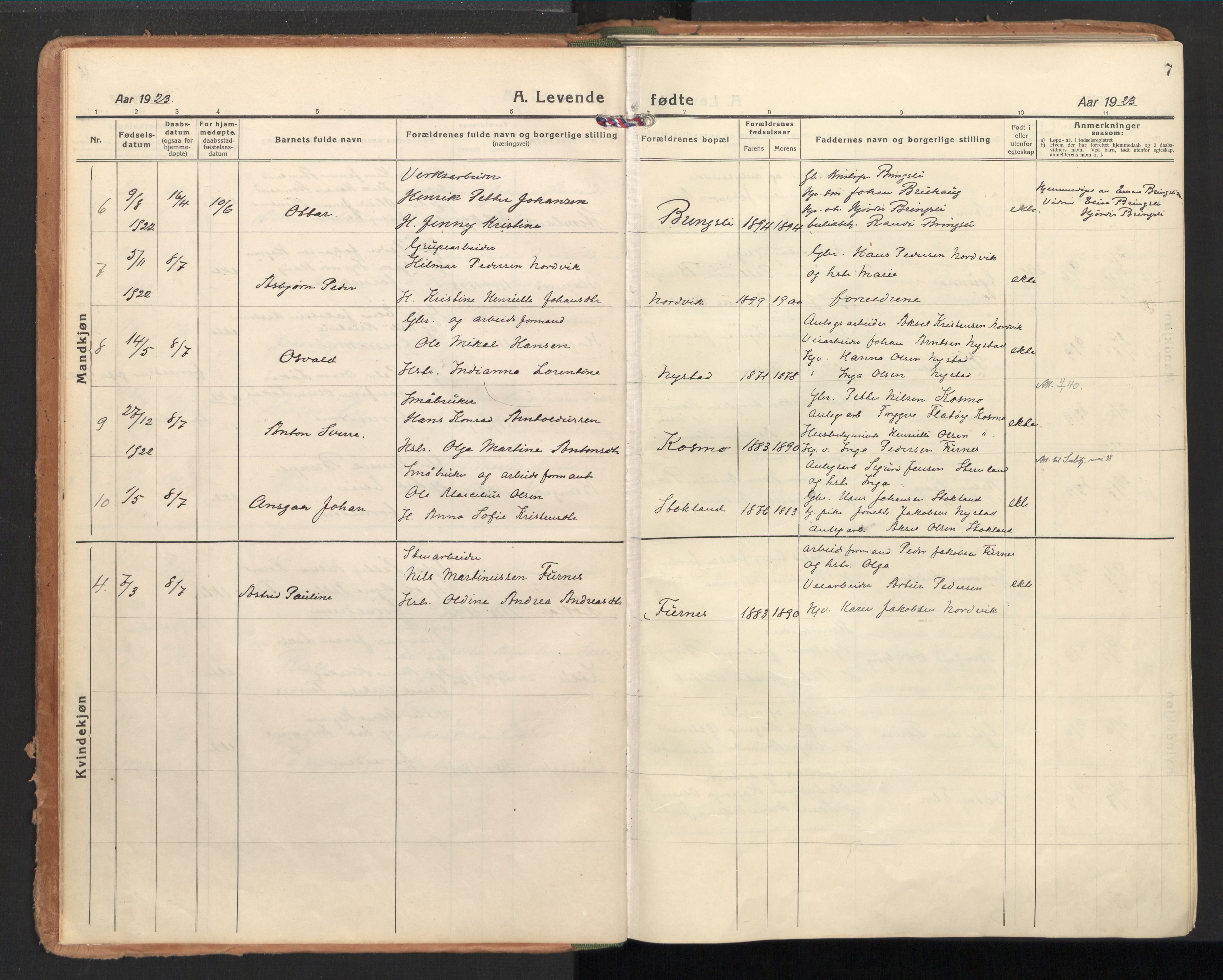 Ministerialprotokoller, klokkerbøker og fødselsregistre - Nordland, AV/SAT-A-1459/851/L0725: Ministerialbok nr. 851A02, 1922-1944, s. 7