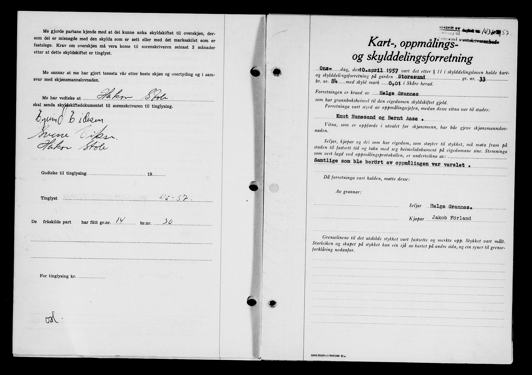 Karmsund sorenskriveri, SAST/A-100311/01/II/IIB/L0124: Pantebok nr. 104A, 1957-1957, Dagboknr: 1436/1957