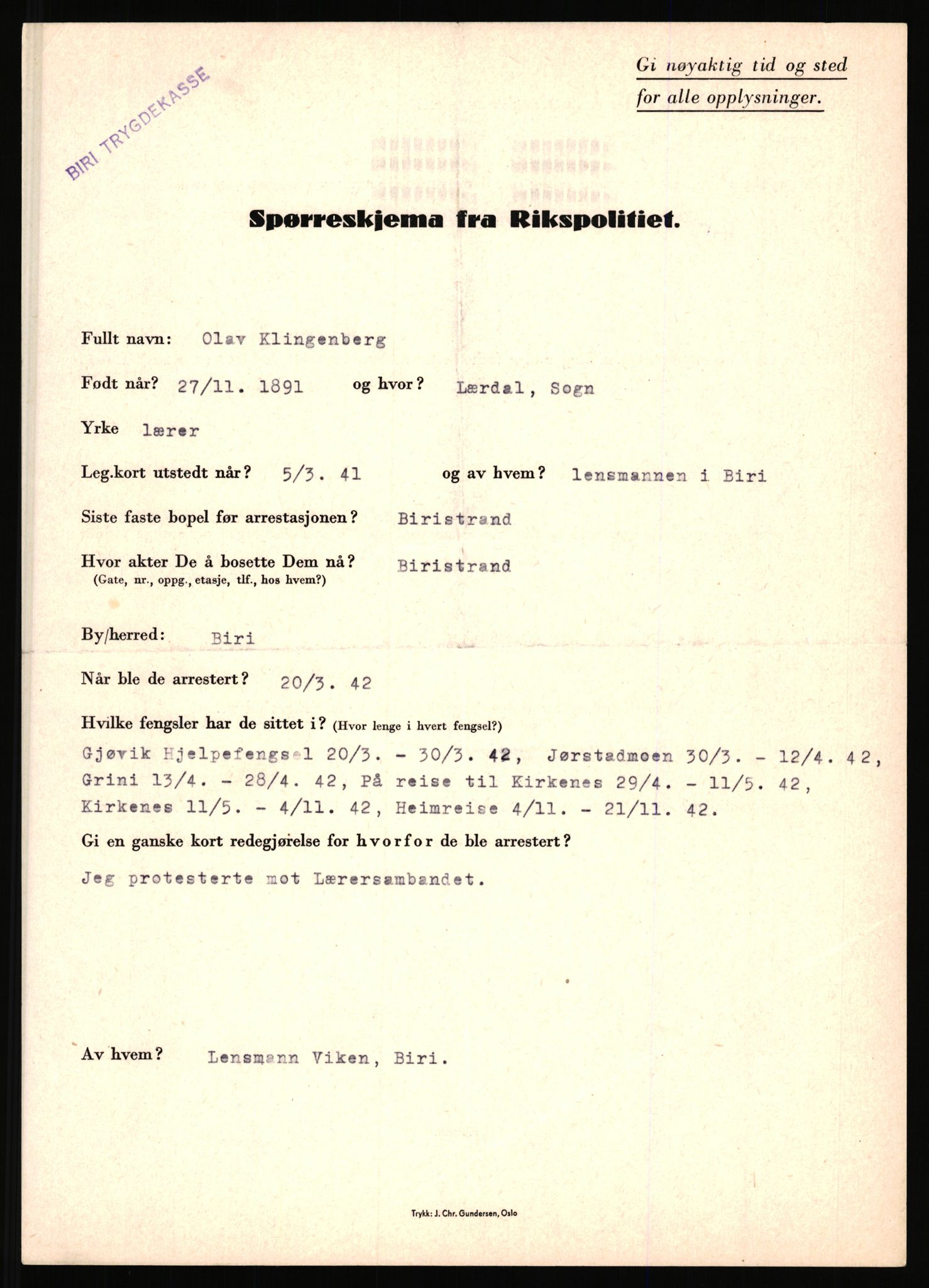 Rikspolitisjefen, AV/RA-S-1560/L/L0009: Karlsen, Aksel Emanuel - Kristiansen, Øivind Vetre, 1940-1945, s. 463