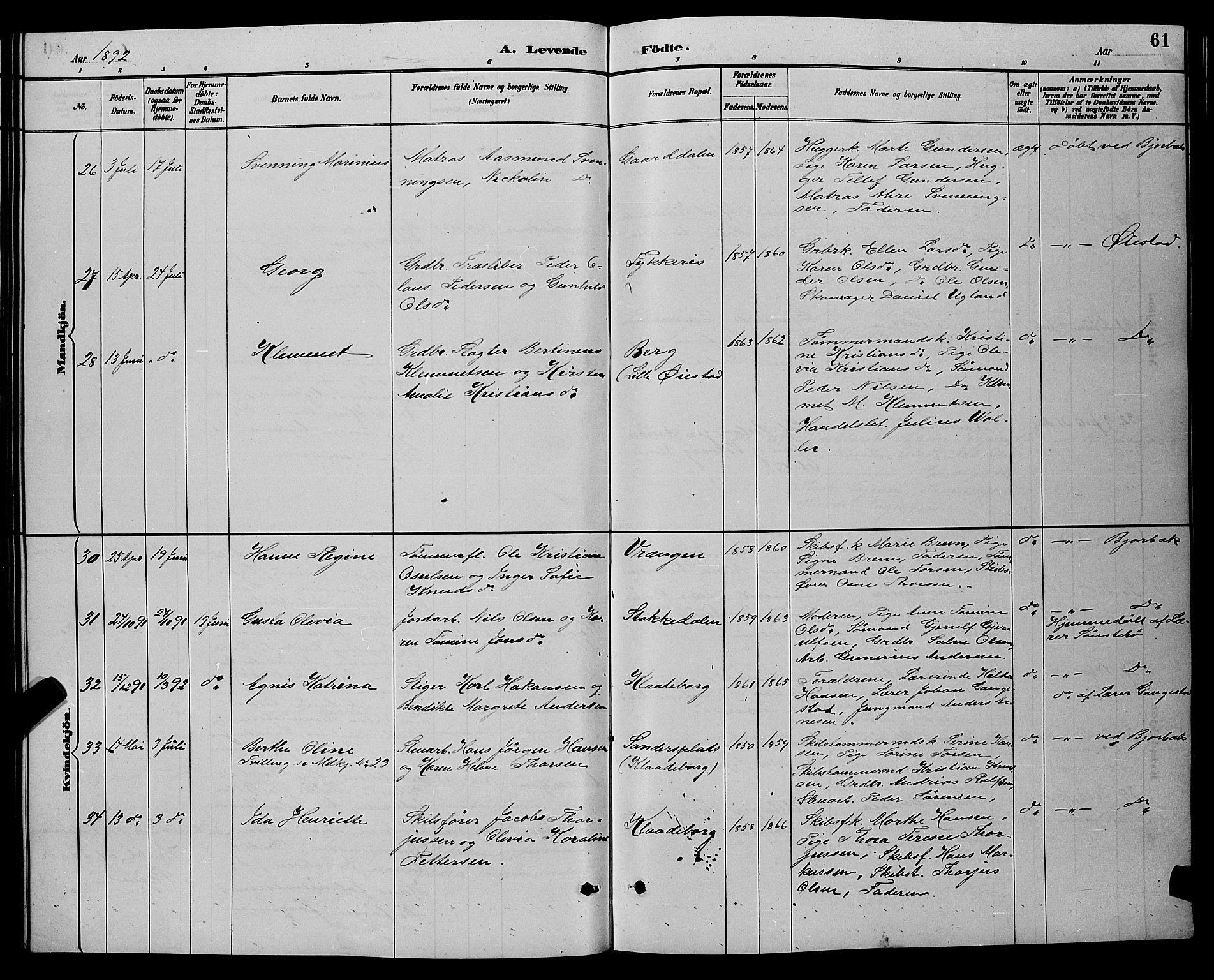Øyestad sokneprestkontor, AV/SAK-1111-0049/F/Fb/L0009: Klokkerbok nr. B 9, 1886-1896, s. 61