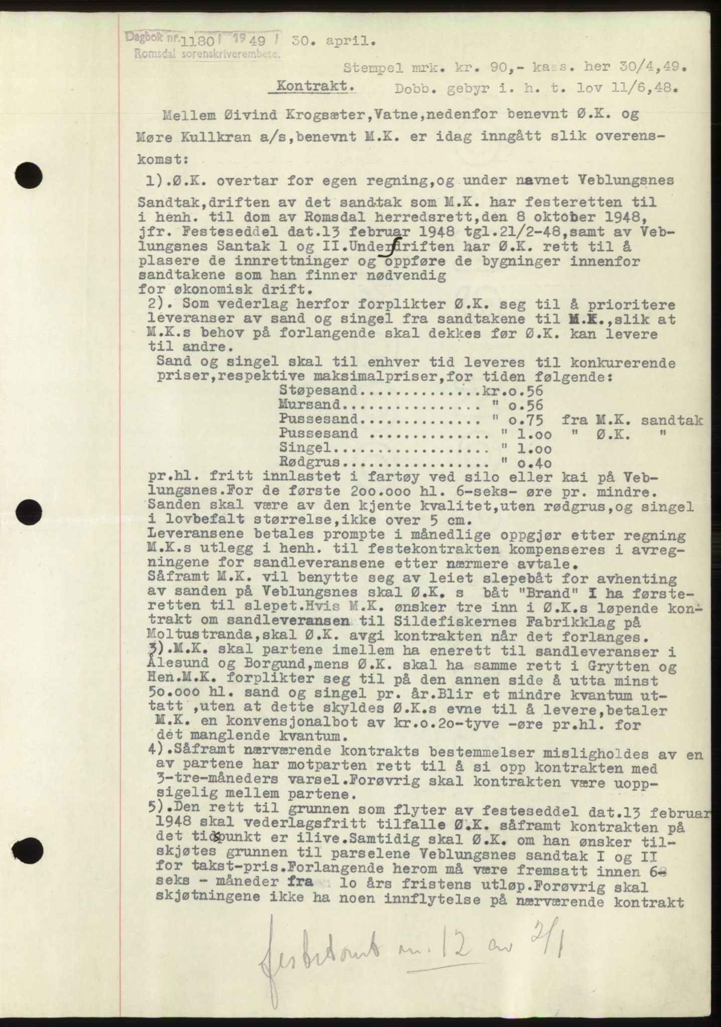 Romsdal sorenskriveri, SAT/A-4149/1/2/2C: Pantebok nr. B4, 1948-1949, Dagboknr: 1180/1949
