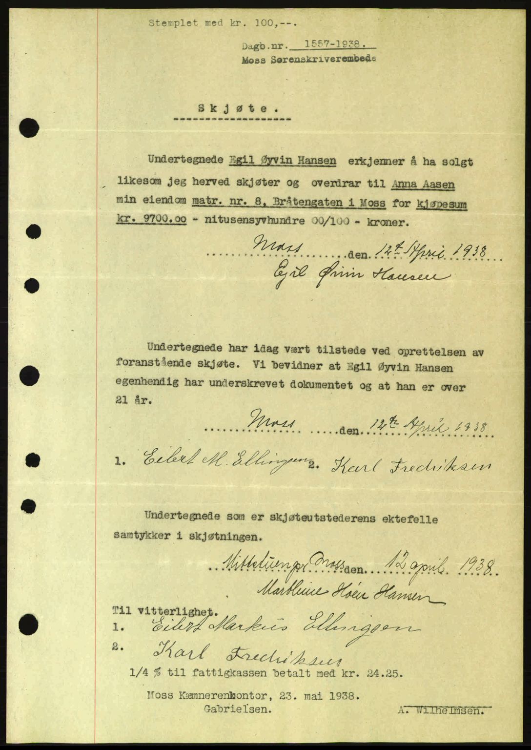 Moss sorenskriveri, SAO/A-10168: Pantebok nr. A4, 1938-1938, Dagboknr: 1557/1938