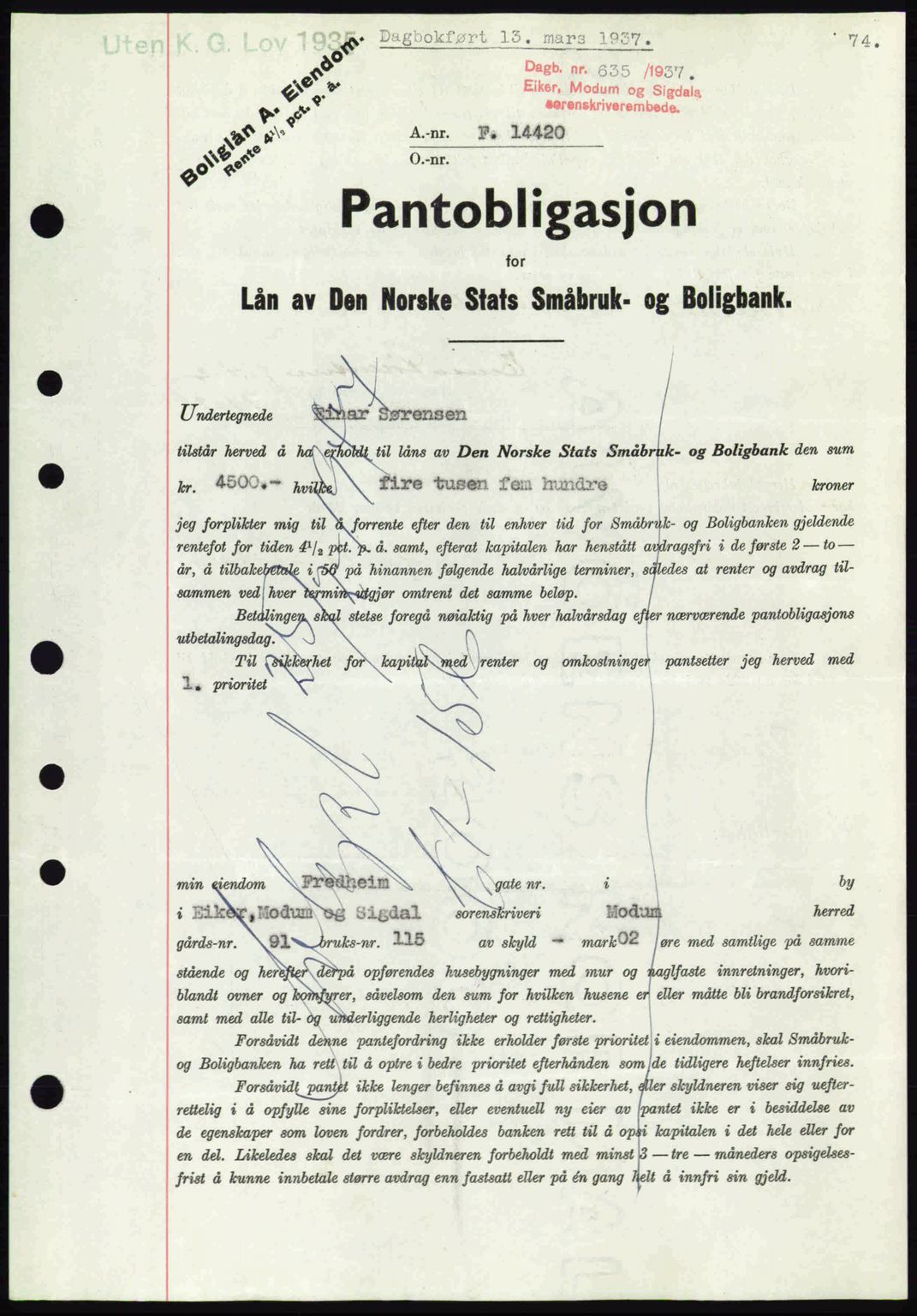Eiker, Modum og Sigdal sorenskriveri, SAKO/A-123/G/Ga/Gab/L0035: Pantebok nr. A5, 1937-1937, Dagboknr: 635/1937
