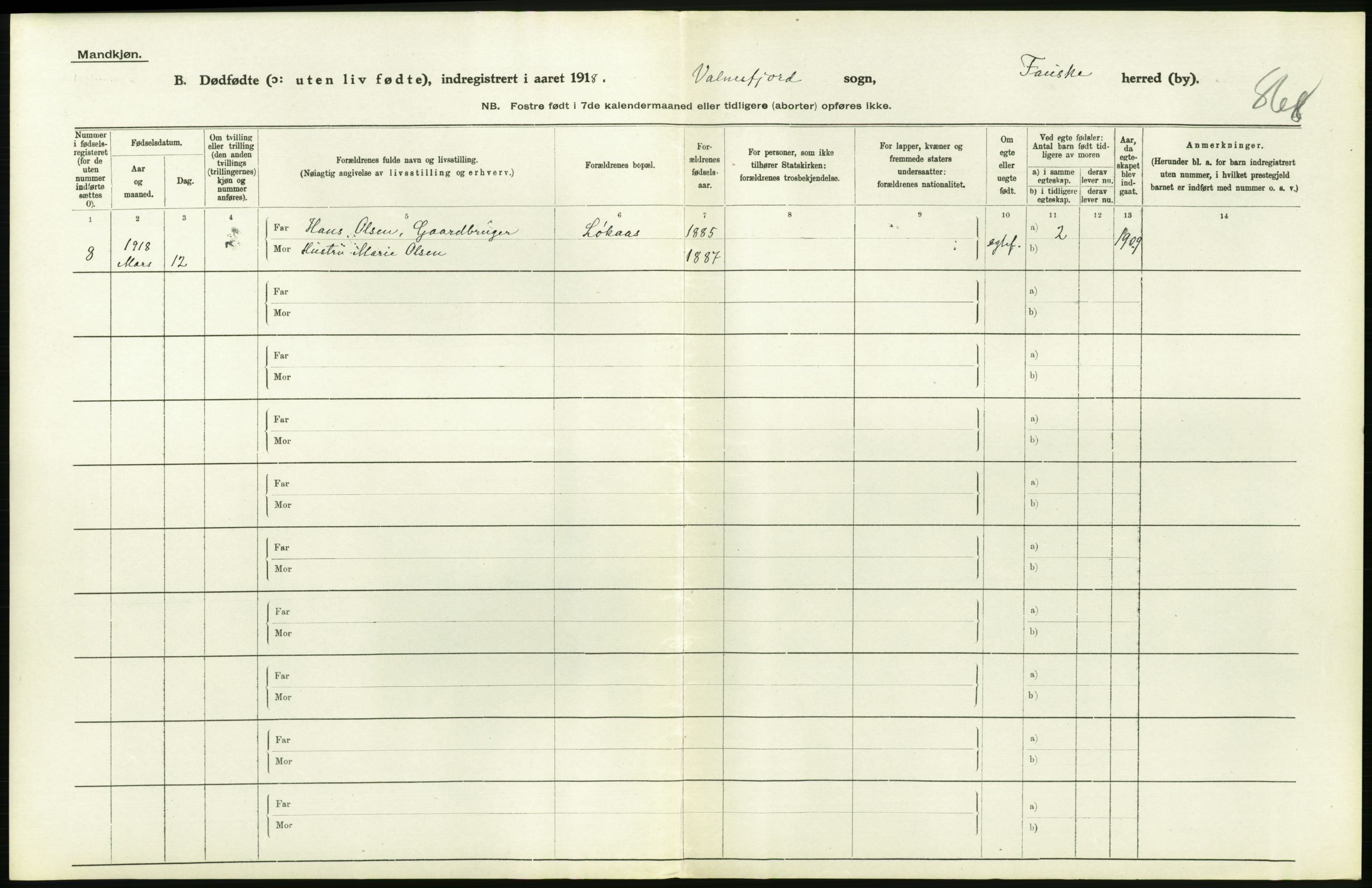 Statistisk sentralbyrå, Sosiodemografiske emner, Befolkning, RA/S-2228/D/Df/Dfb/Dfbh/L0054: Nordland fylke: Gifte, dødfødte. Bygder og byer., 1918, s. 404