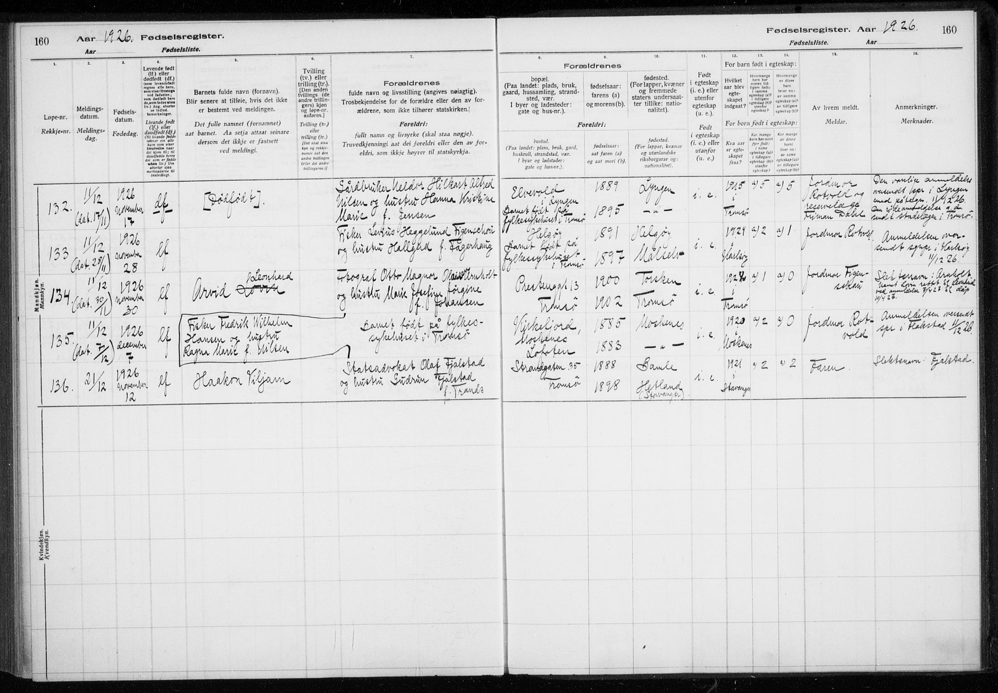 Tromsø sokneprestkontor/stiftsprosti/domprosti, AV/SATØ-S-1343/H/Ha/L0132: Fødselsregister nr. 132, 1921-1927, s. 160