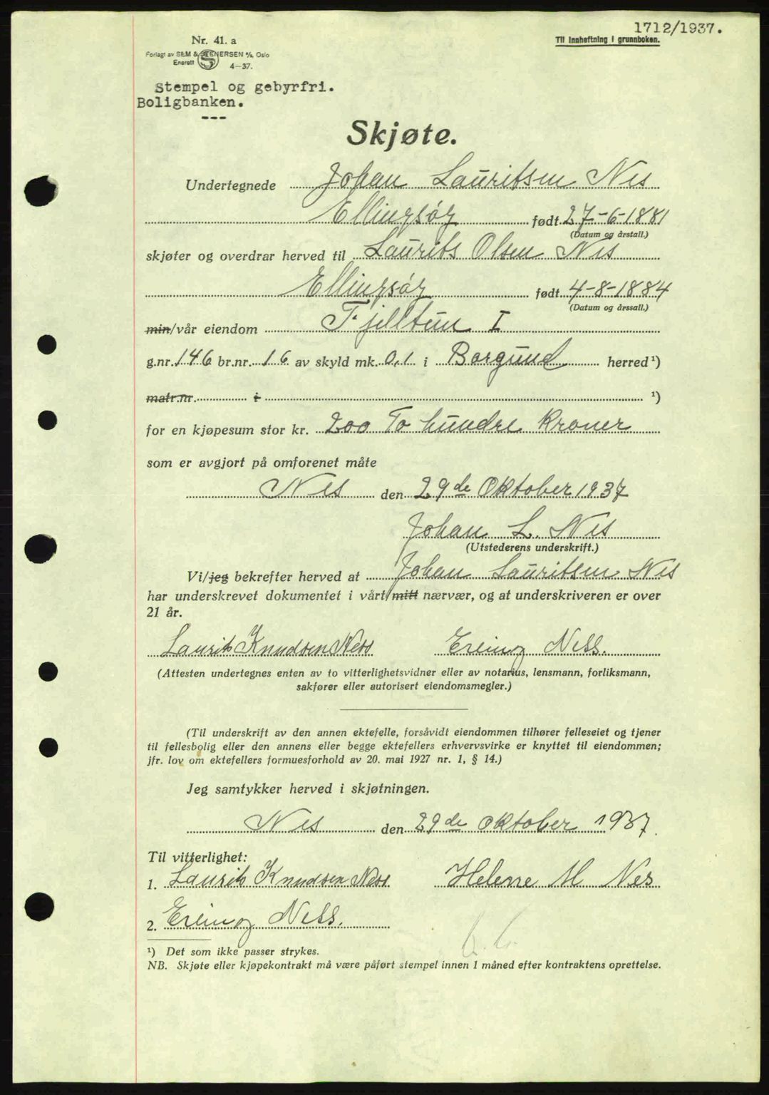 Nordre Sunnmøre sorenskriveri, AV/SAT-A-0006/1/2/2C/2Ca: Pantebok nr. A4, 1937-1938, Dagboknr: 1712/1937