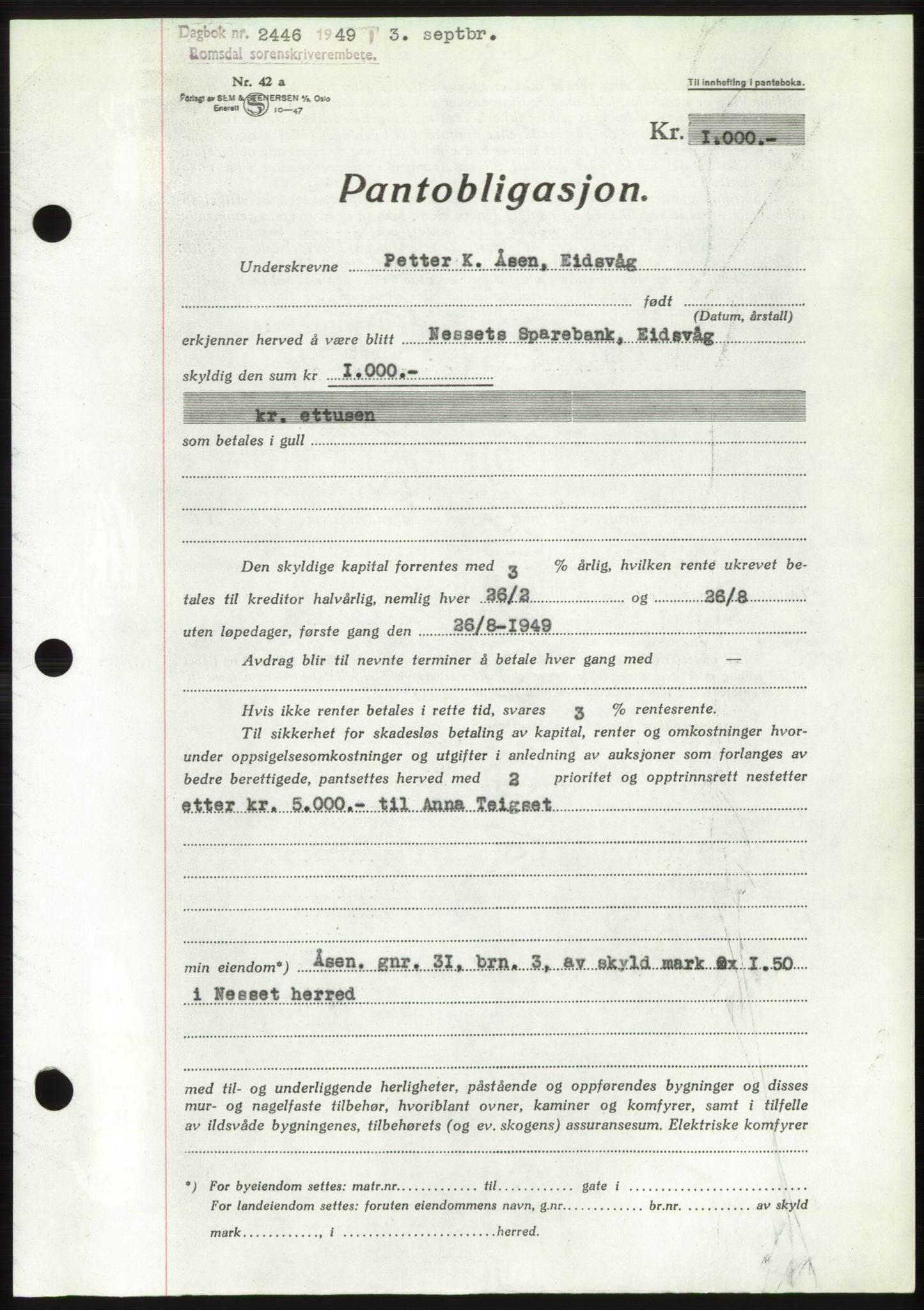 Romsdal sorenskriveri, SAT/A-4149/1/2/2C: Pantebok nr. B4, 1948-1949, Dagboknr: 2446/1949
