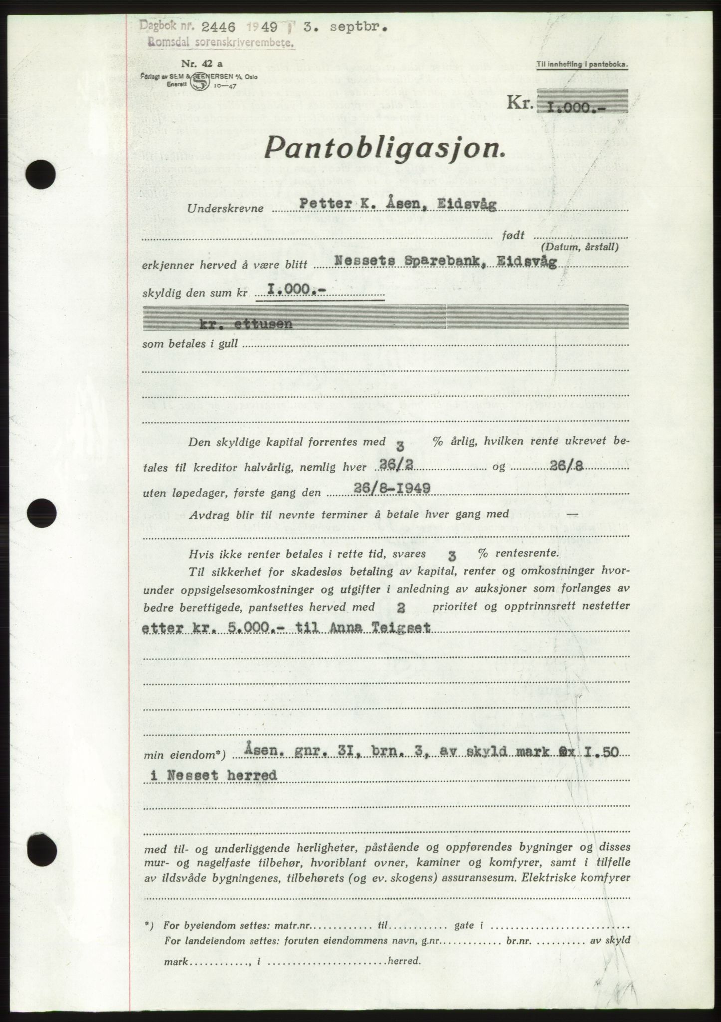 Romsdal sorenskriveri, AV/SAT-A-4149/1/2/2C: Pantebok nr. B4, 1948-1949, Dagboknr: 2446/1949