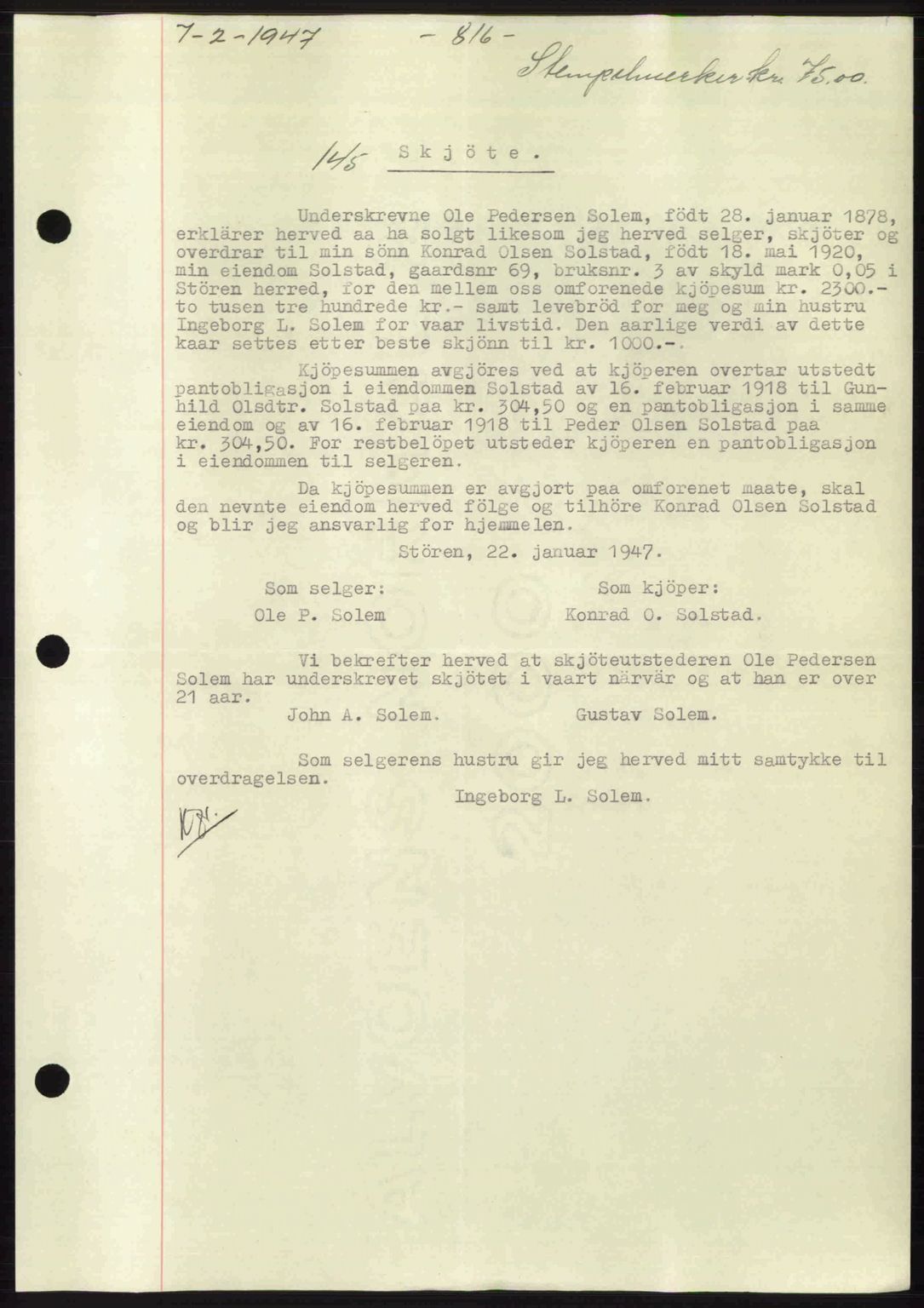 Gauldal sorenskriveri, SAT/A-0014/1/2/2C: Pantebok nr. A3, 1947-1947, Dagboknr: 145/1947