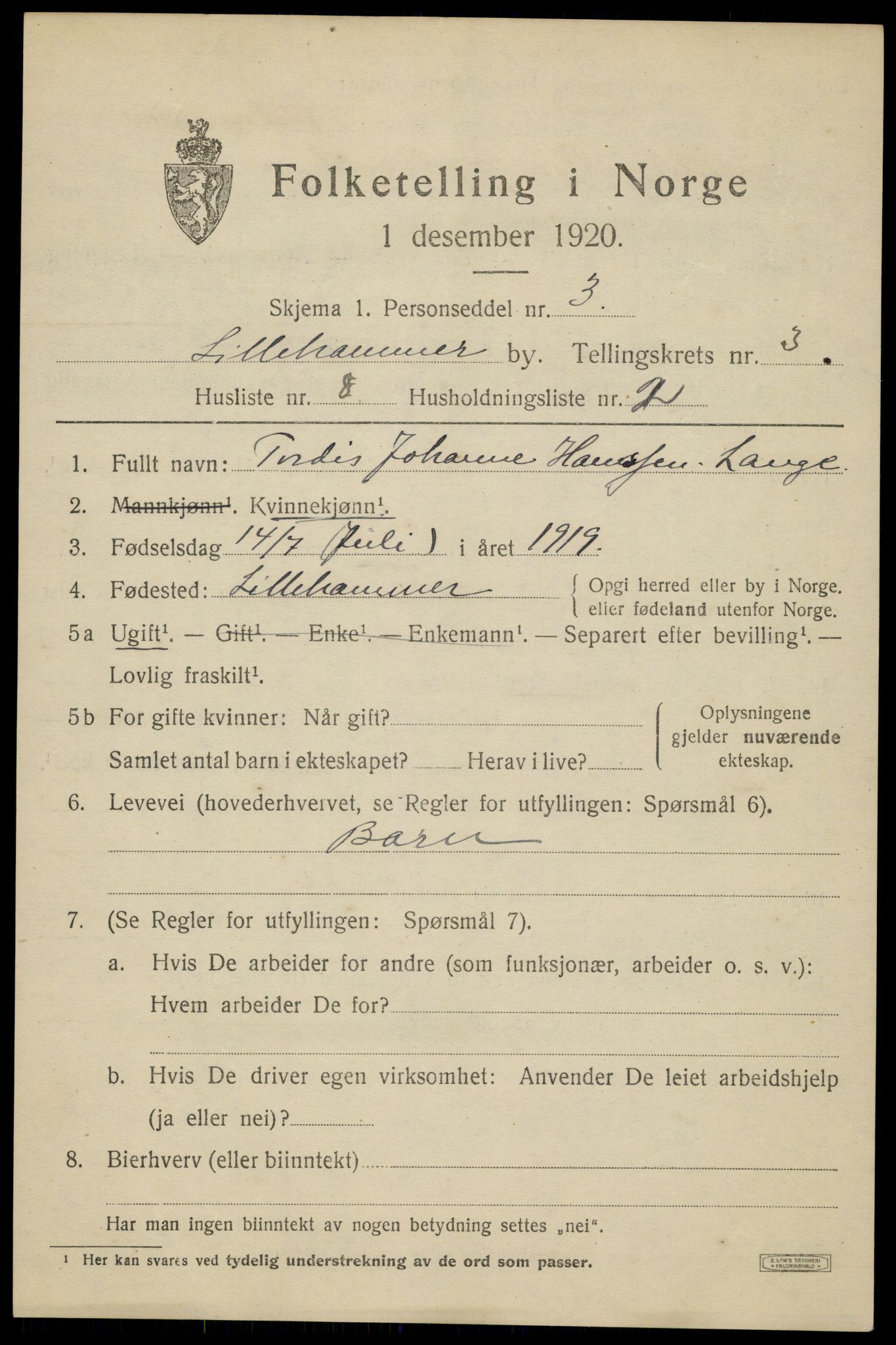 SAH, Folketelling 1920 for 0501 Lillehammer kjøpstad, 1920, s. 5800