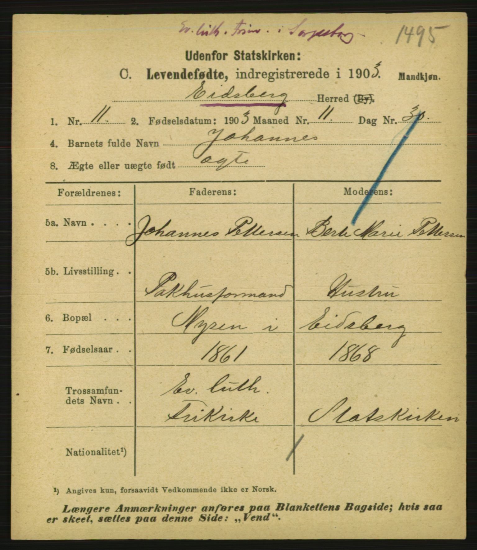 Statistisk sentralbyrå, Sosiodemografiske emner, Befolkning, AV/RA-S-2228/E/L0001: Fødte, gifte, døde dissentere., 1903, s. 7