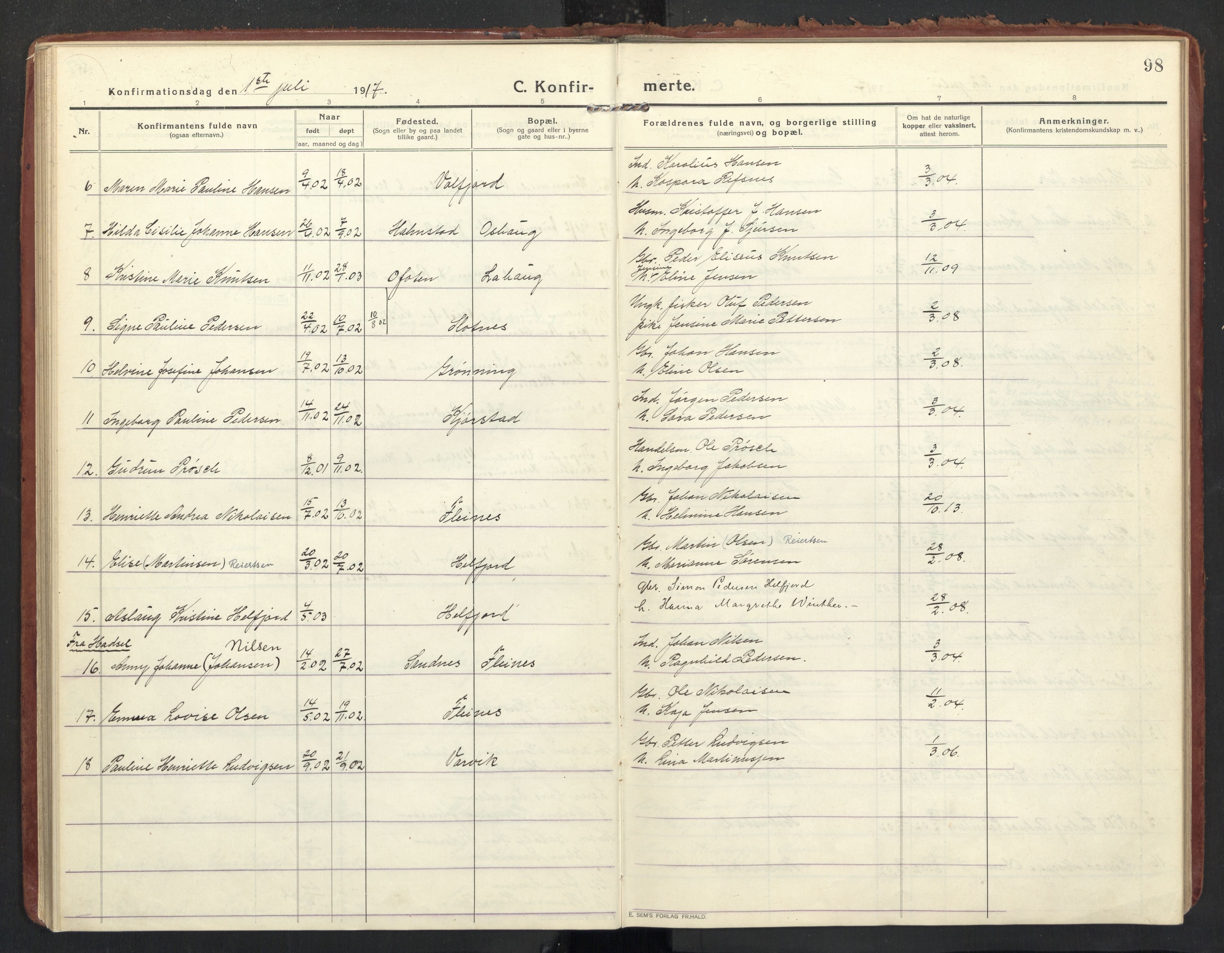 Ministerialprotokoller, klokkerbøker og fødselsregistre - Nordland, AV/SAT-A-1459/890/L1288: Ministerialbok nr. 890A03, 1915-1925, s. 98