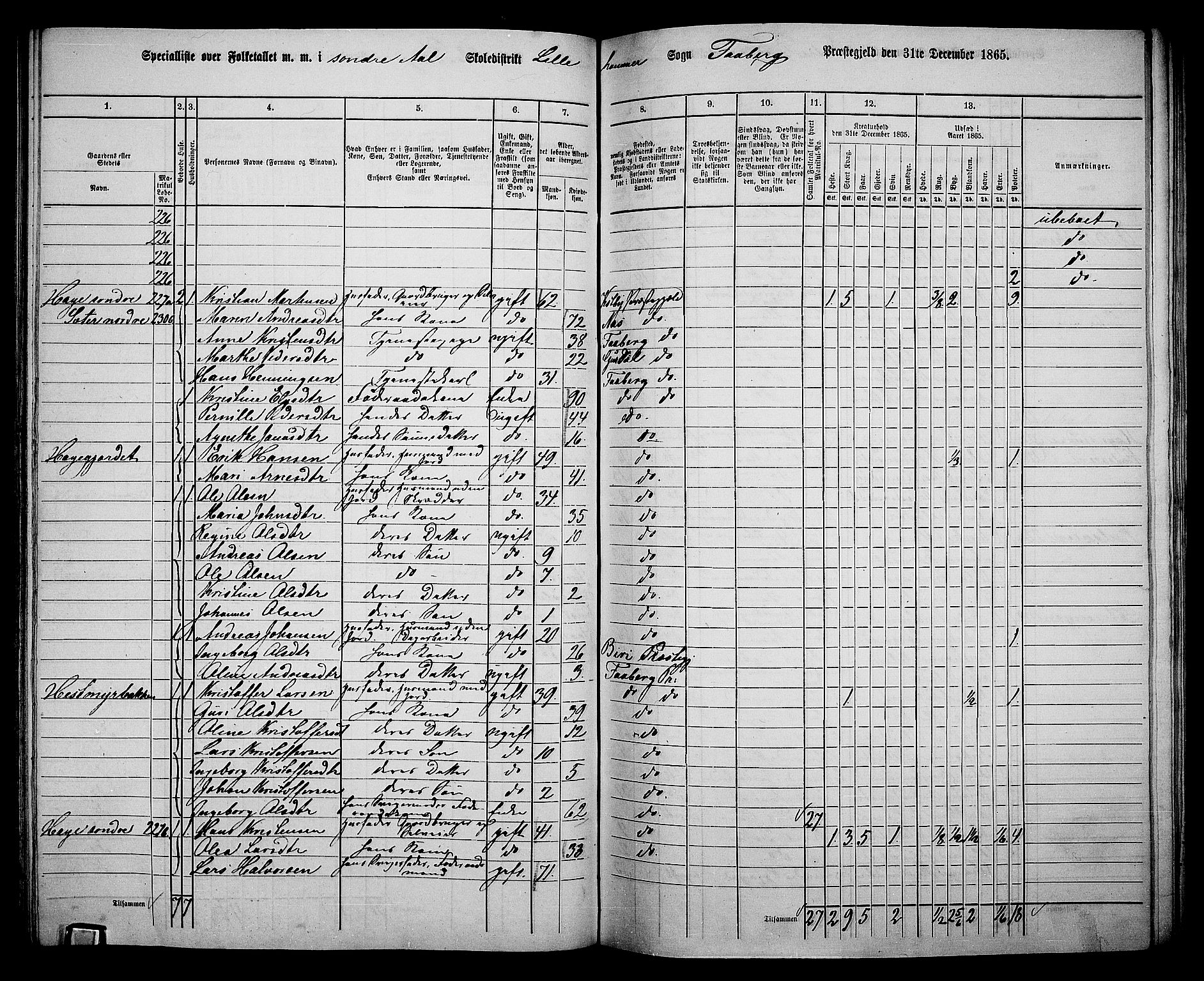 RA, Folketelling 1865 for 0524L Fåberg prestegjeld, Fåberg sokn og Lillehammer landsokn, 1865, s. 142