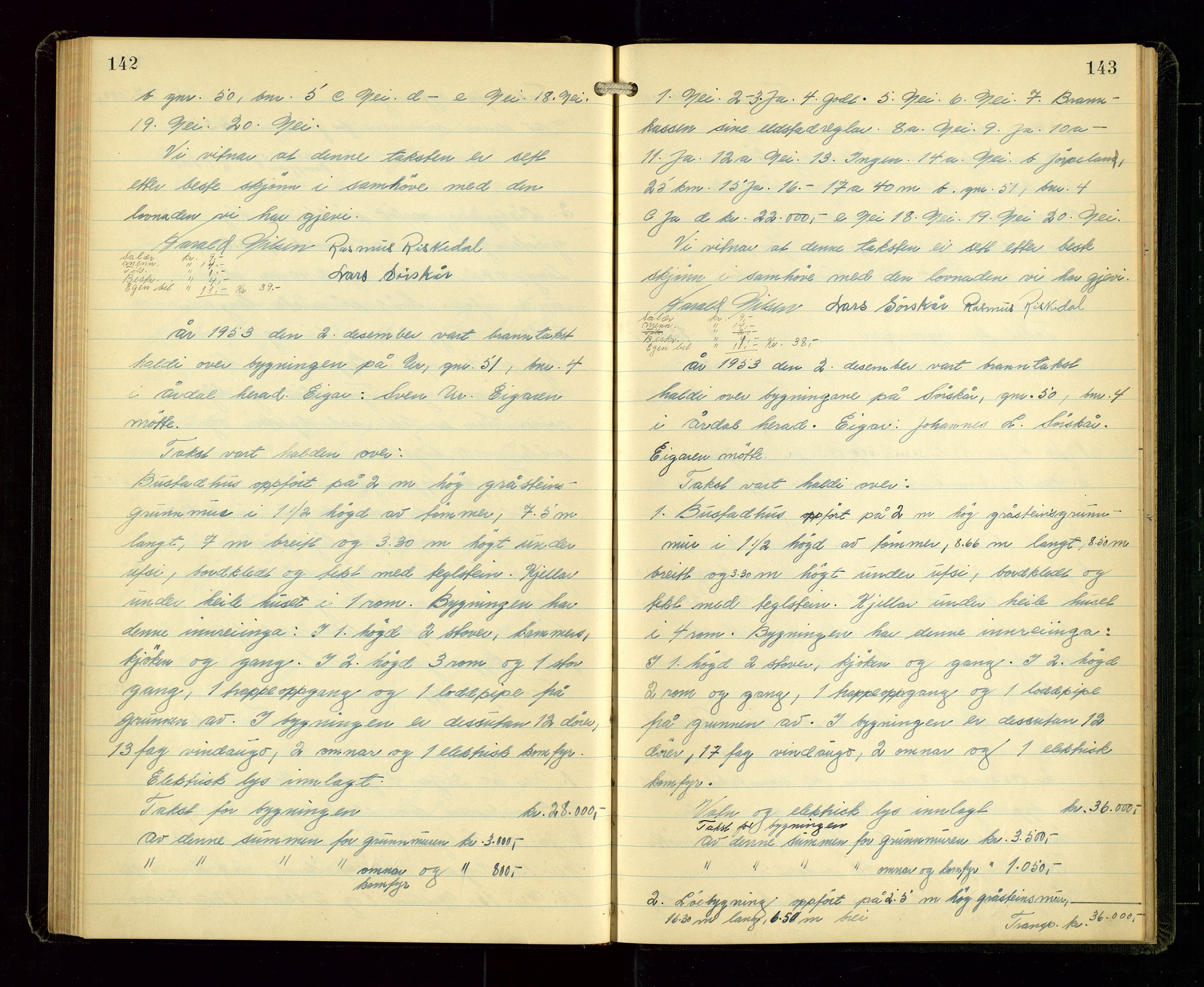 Årdal lensmannskontor, AV/SAST-A-100453/Goa/L0002: Branntakstprotokoll, 1940-1955, s. 142-143