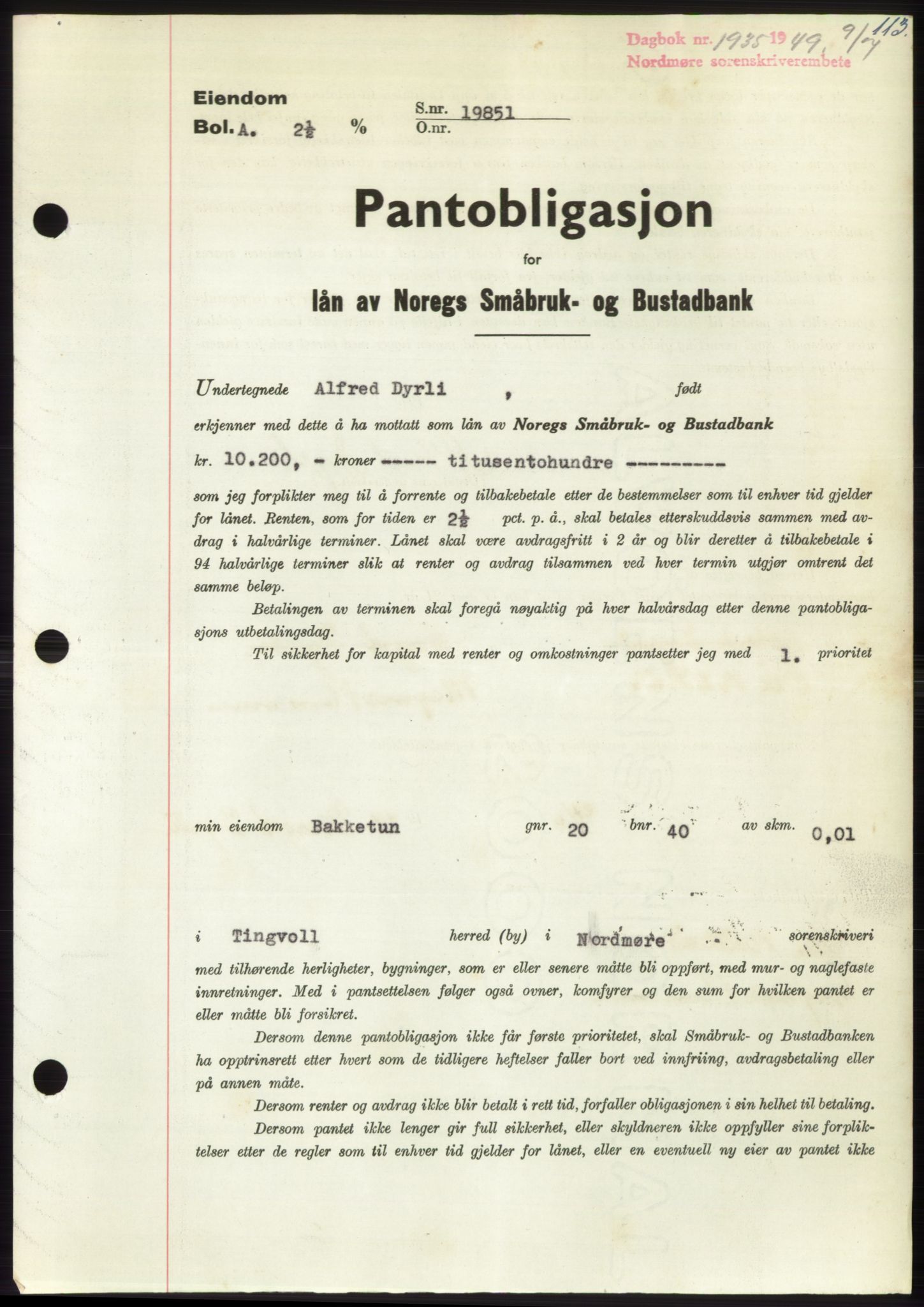 Nordmøre sorenskriveri, SAT/A-4132/1/2/2Ca: Pantebok nr. B102, 1949-1949, Dagboknr: 1935/1949