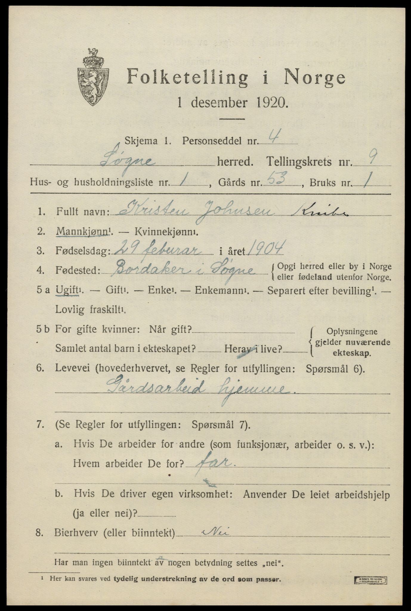 SAK, Folketelling 1920 for 1018 Søgne herred, 1920, s. 5297