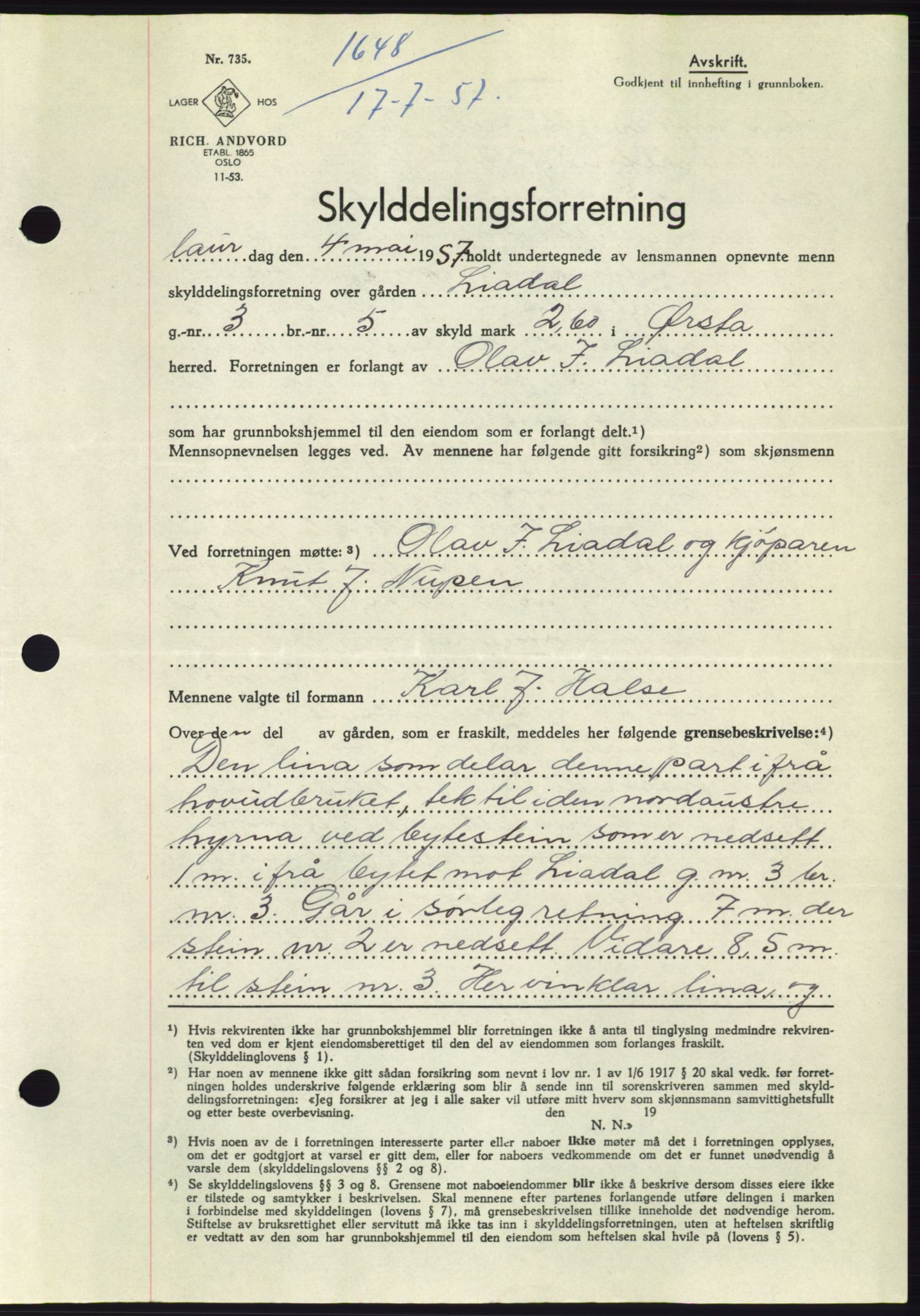 Søre Sunnmøre sorenskriveri, SAT/A-4122/1/2/2C/L0107: Pantebok nr. 33A, 1957-1957, Dagboknr: 1648/1957