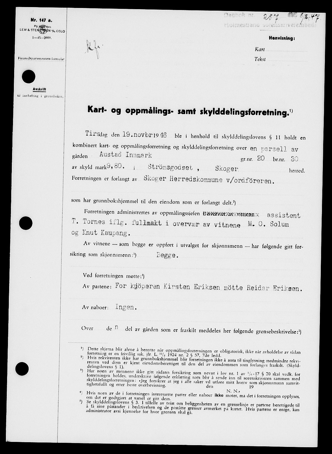Holmestrand sorenskriveri, SAKO/A-67/G/Ga/Gaa/L0061: Pantebok nr. A-61, 1946-1947, Dagboknr: 257/1947