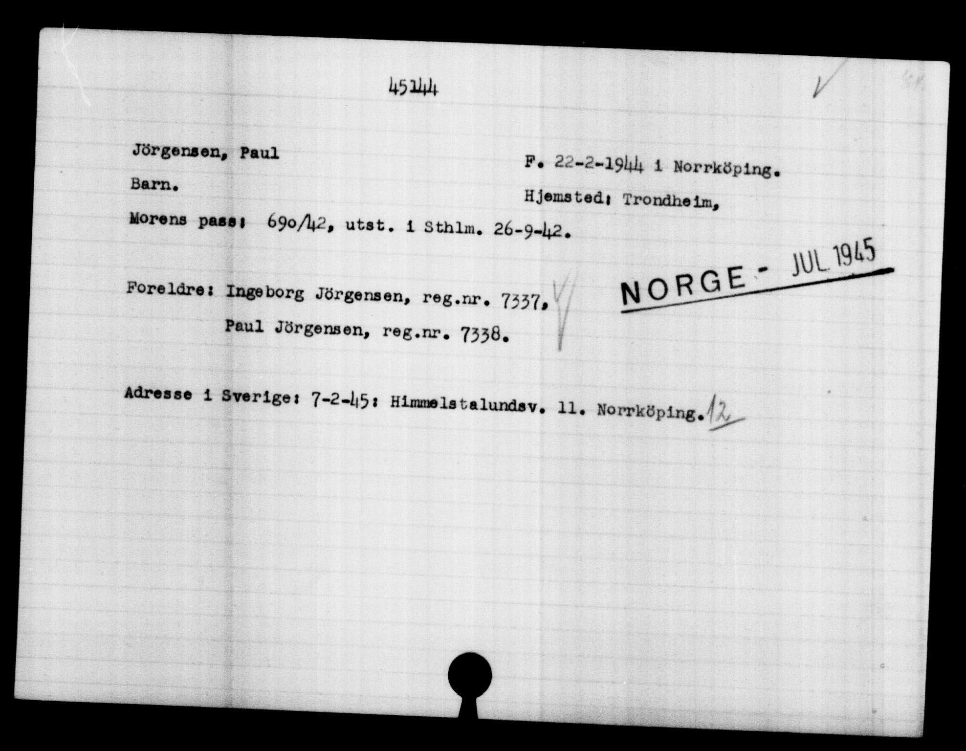 Utenriksstasjonene, Legasjonen i Stockholm, Flyktningkontoret, AV/RA-S-6753/V/Va/L0017: Kjesäterkartoteket, flyktninger med registreringsnr. 43400-46318, 1940-1945, s. 1823